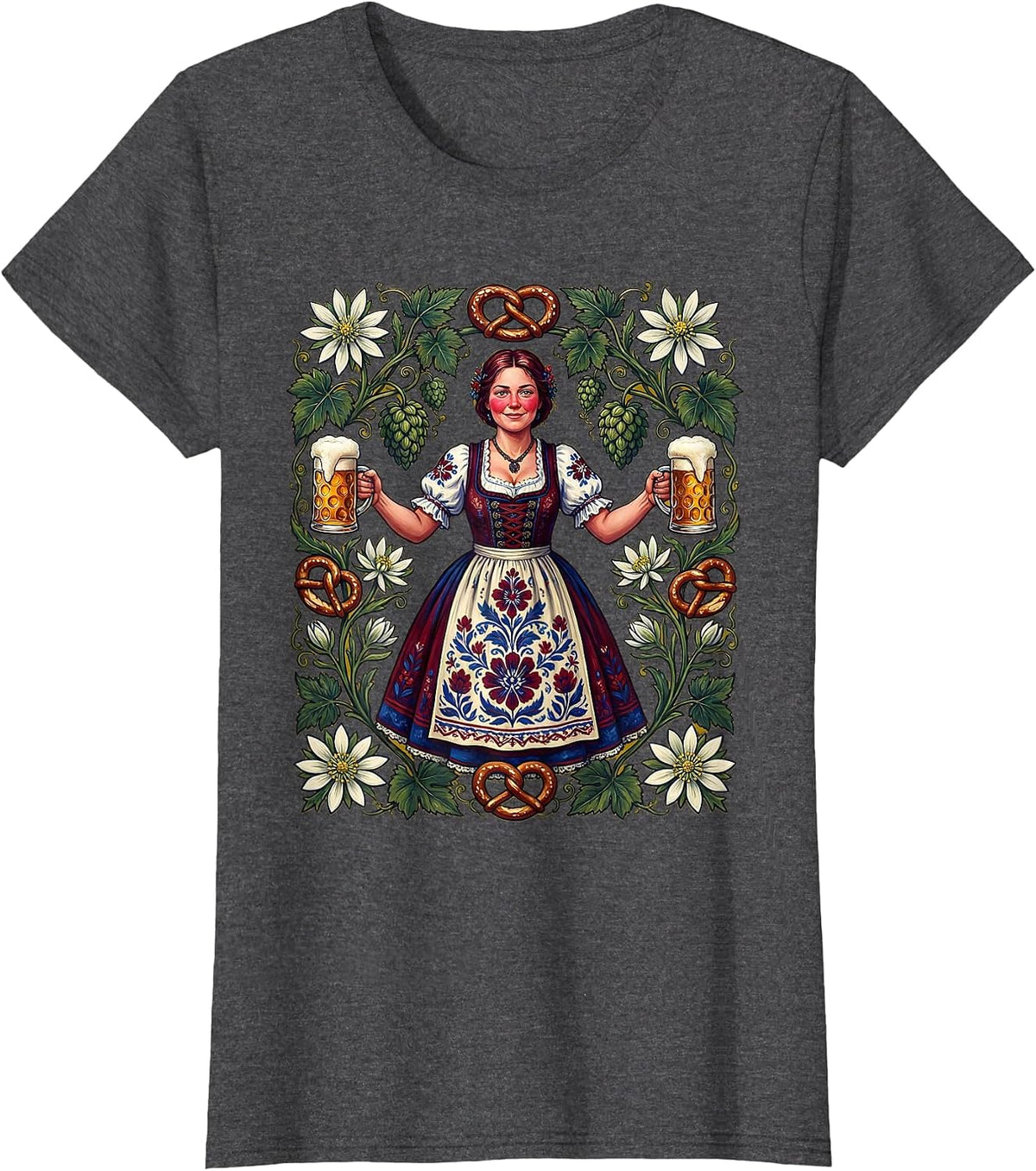 Women's Bavarian Beer Maiden Oktoberfest Illustration T-Shirt - Dark Heather Grey