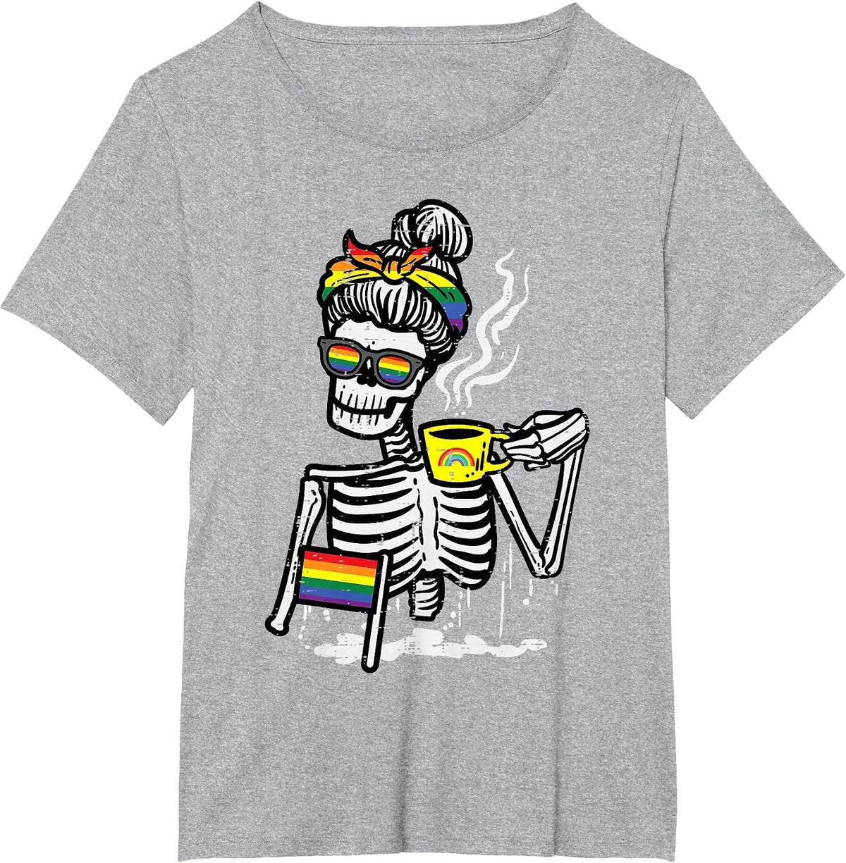 Gay Skeleton Messy Bun Coffee LGBT Pride Month Women Men T-Shirt - Heather Grey