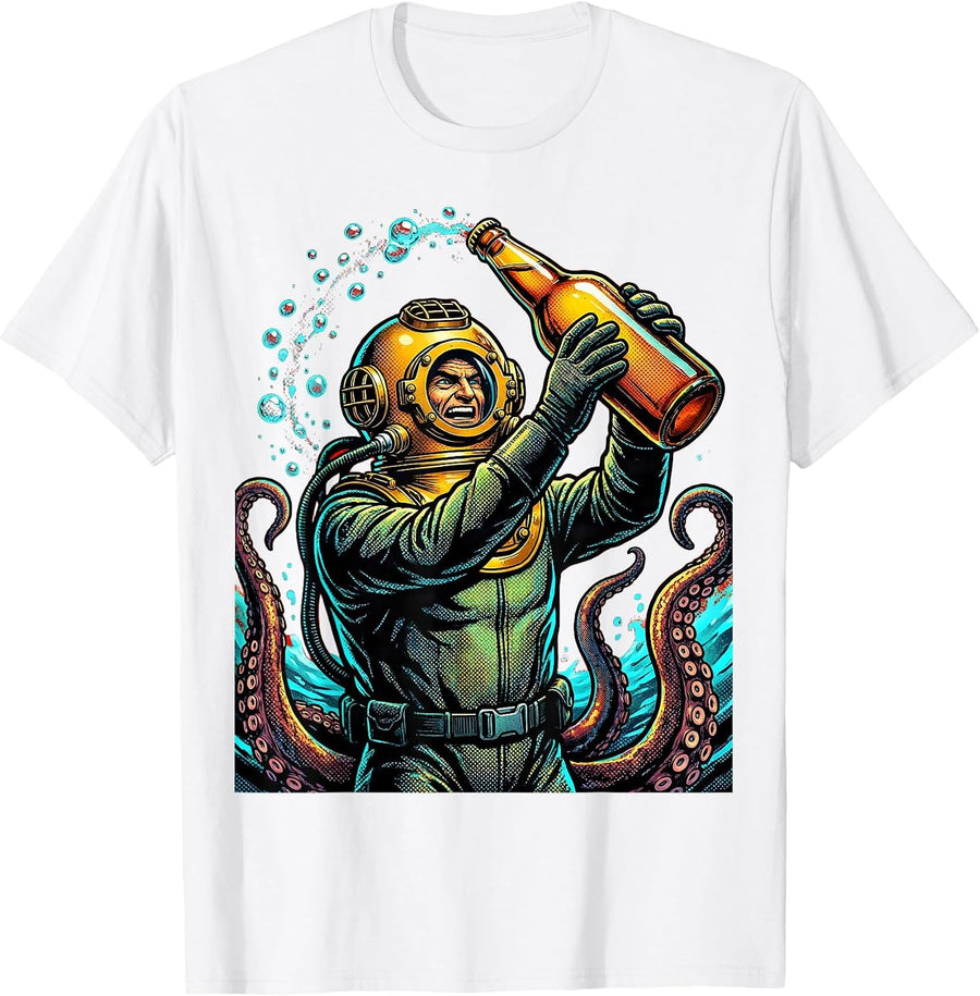 Men's Deep Sea Diver Giant Beer Bottle Illustration T-Shirt - White