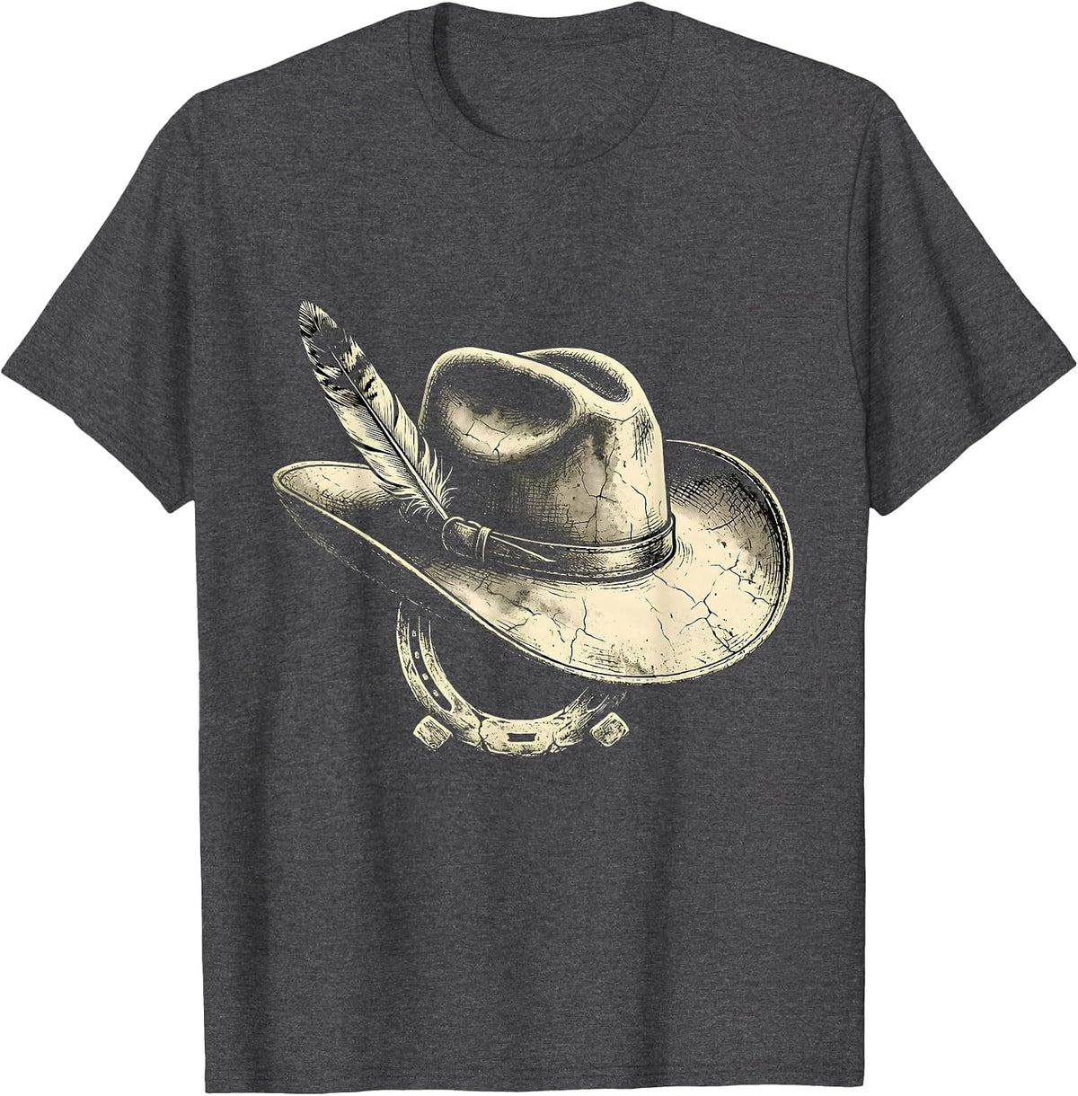 Men's Cowgirl Hat Feather and Horseshoe Graphic T-Shirt - Dark Heather Grey