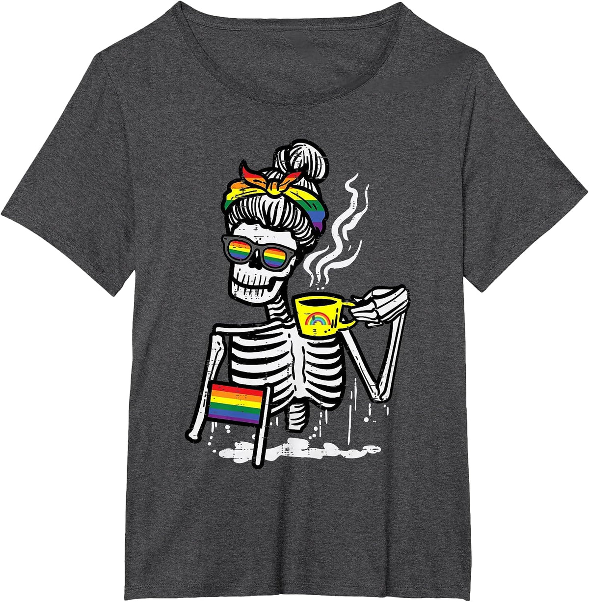 Gay Skeleton Messy Bun Coffee LGBT Pride Month Women Men T-Shirt - Dark Heather Grey