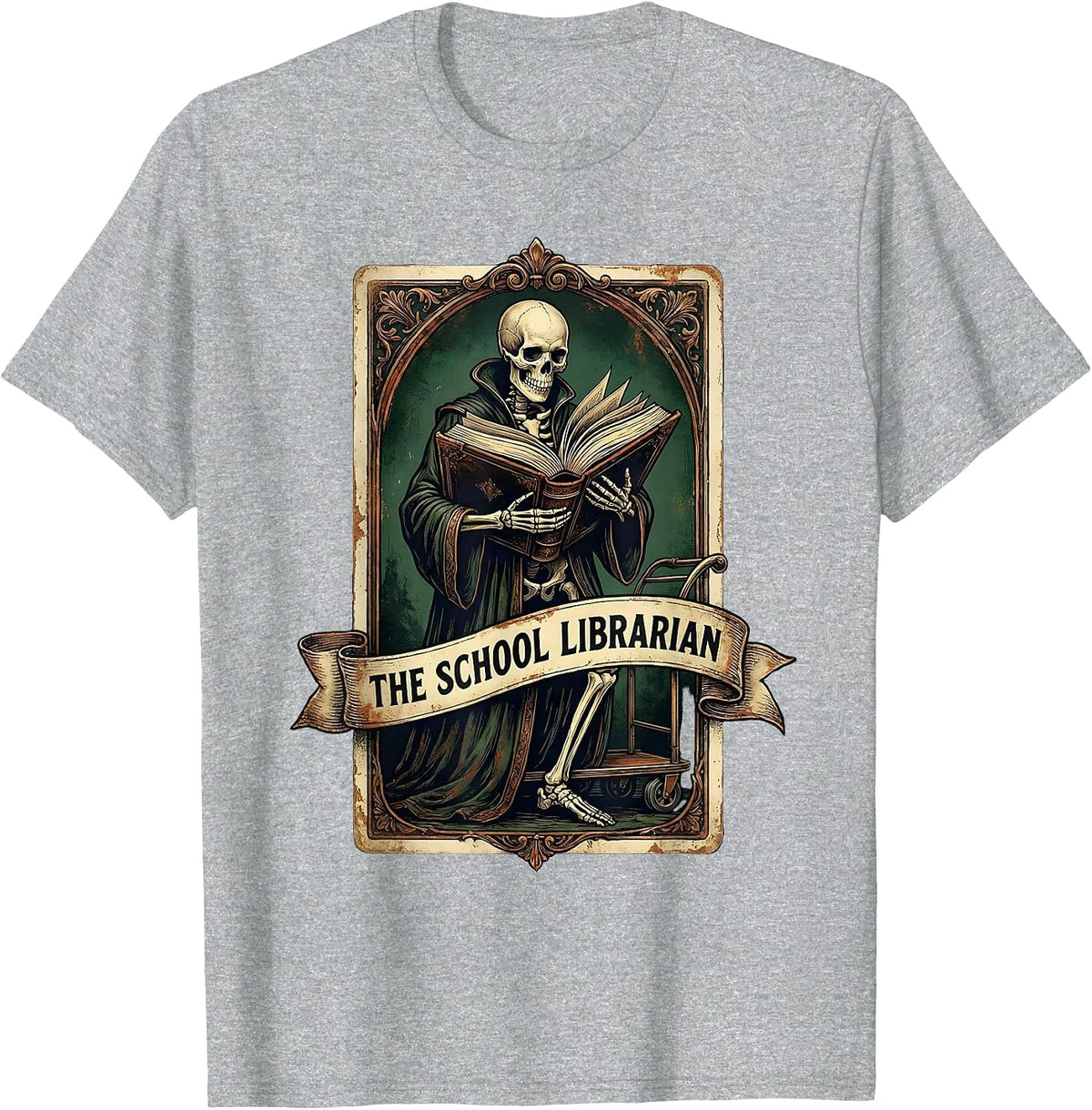 Men's The School Librarian Vintage Tarot Card Skeleton Halloween T-Shirt - Heather Grey