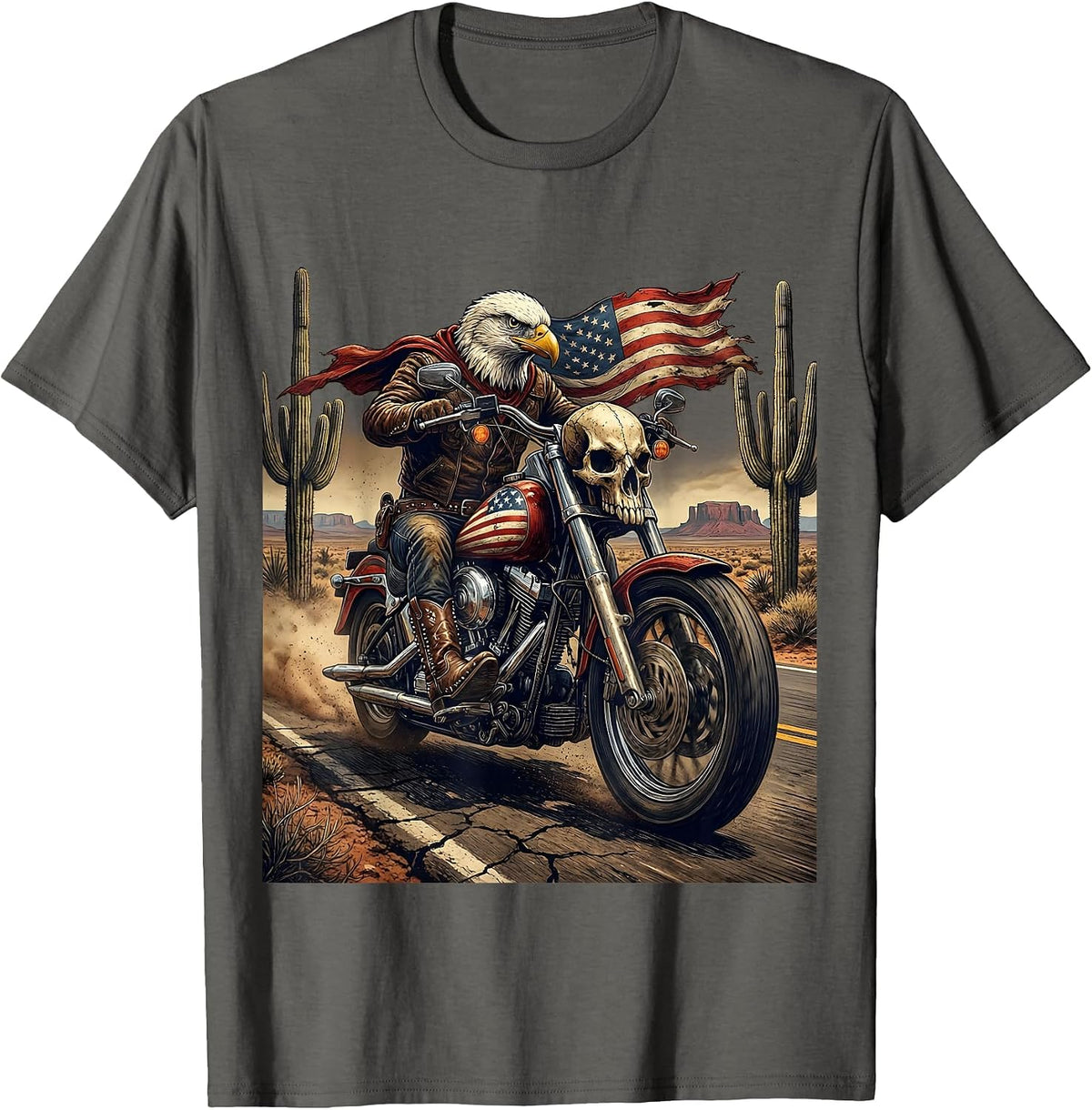 Motorcycle Rider Open Desert Road Graphic Tee T-Shirt - Asphalt Grey
