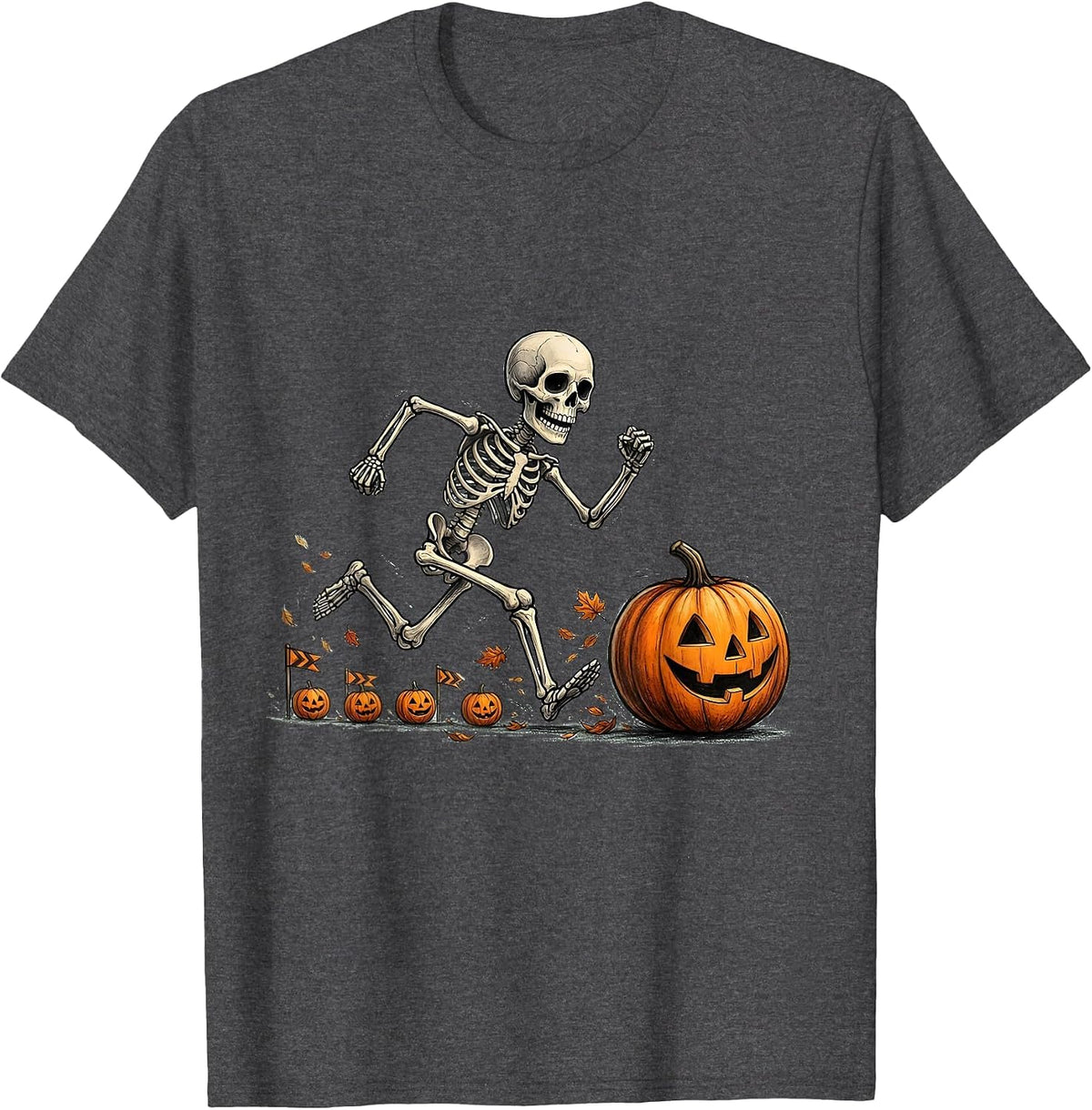 Men's Cheerful Skeleton Runner Halloween 5K Race Fun T-Shirt - Dark Heather Grey