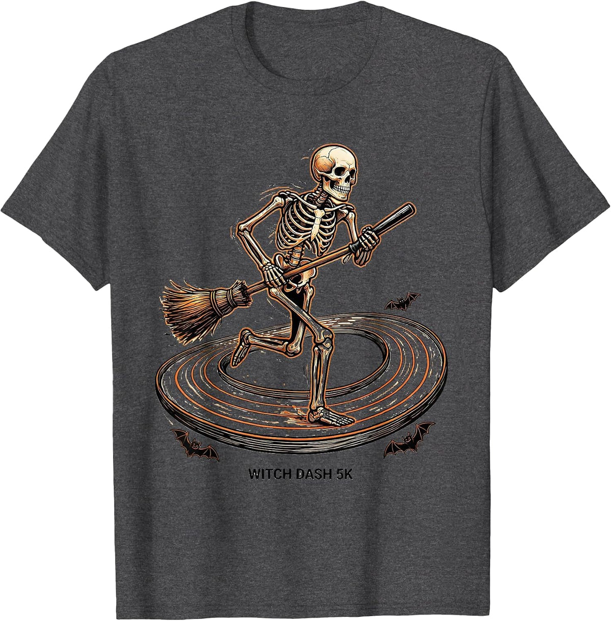 Witch Dash 5K Funny Skeleton Runner Halloween Fun Run T-Shirt - Dark Heather Grey