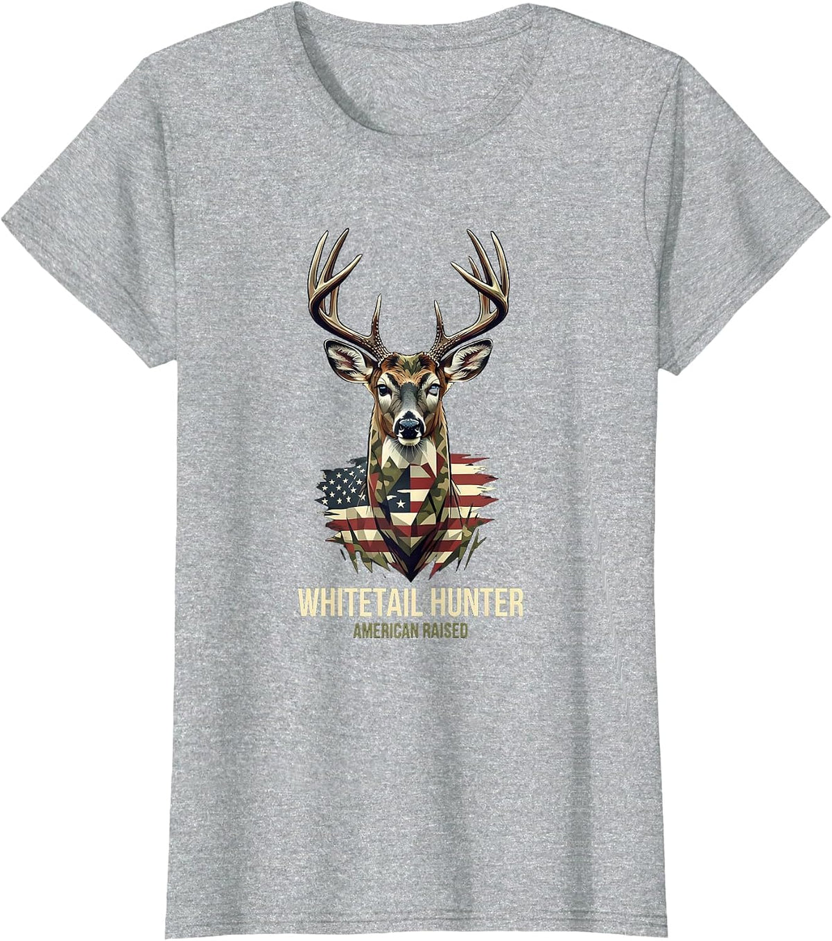 Whitetail Hunter, American Raised Patriotic Camo Deer Hunter T-Shirt - Heather Grey
