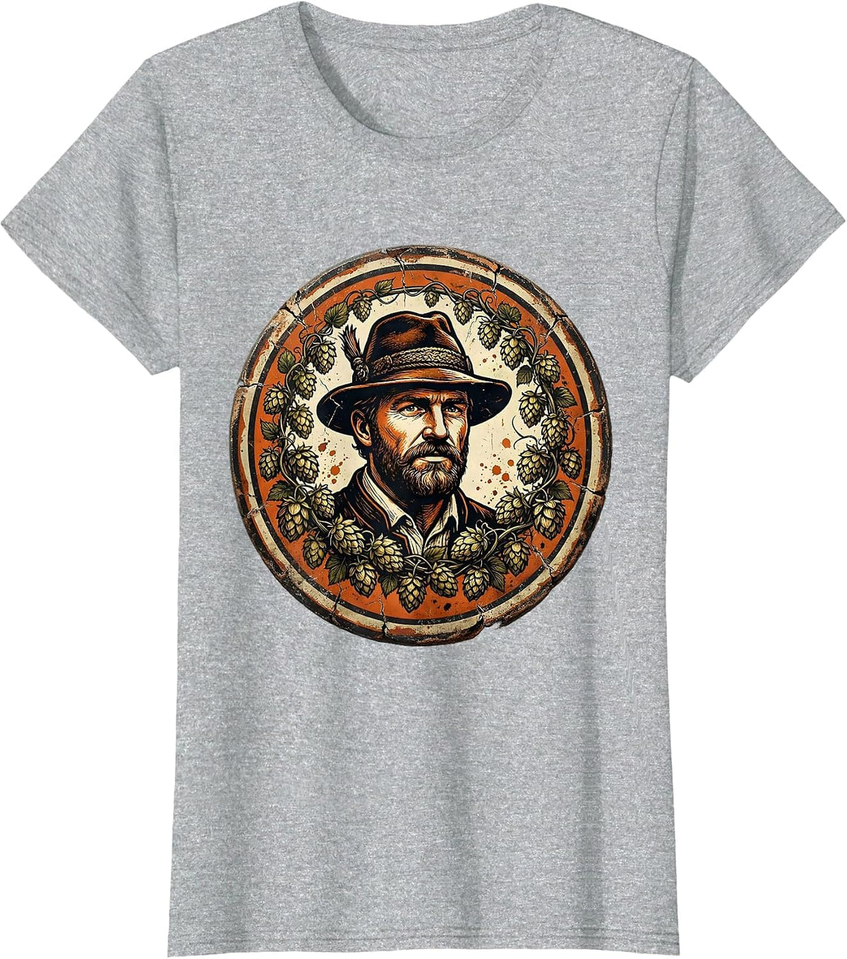Oktoberfest Alpine Hat Hops Vines Illustration T-Shirt - Heather Grey