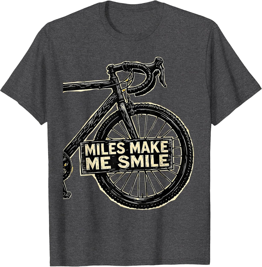 Men's Miles Make Me Smile Bike Cycling Design T-Shirt - Dark Heather Grey