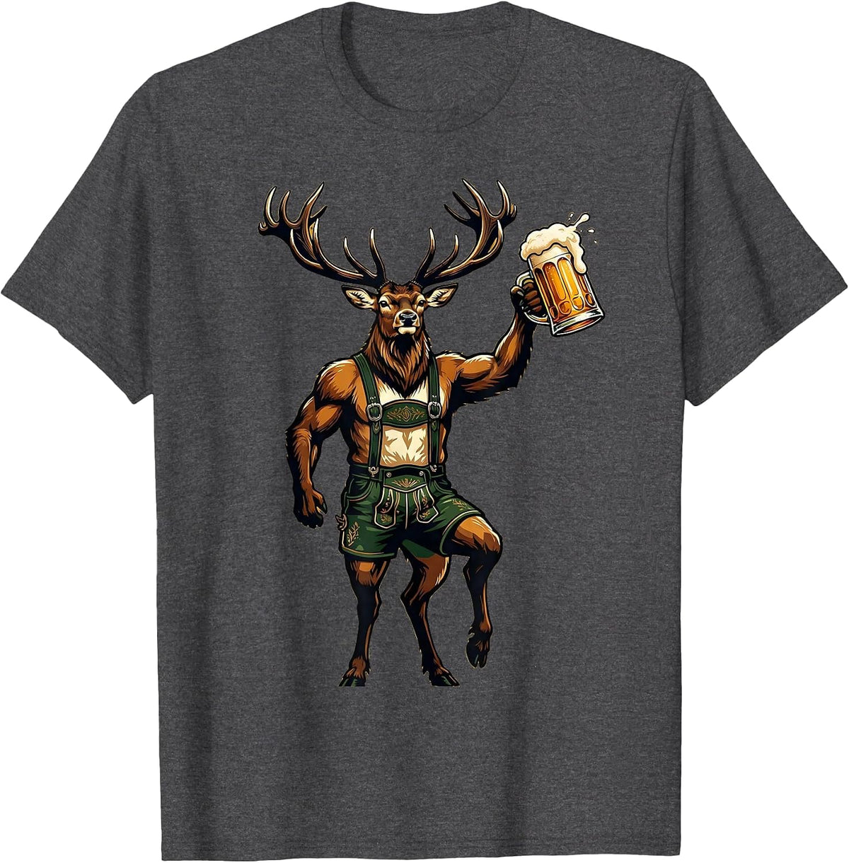 Men's Lederhosen Stag Beer Mug Oktoberfest Design T-Shirt - Dark Heather Grey
