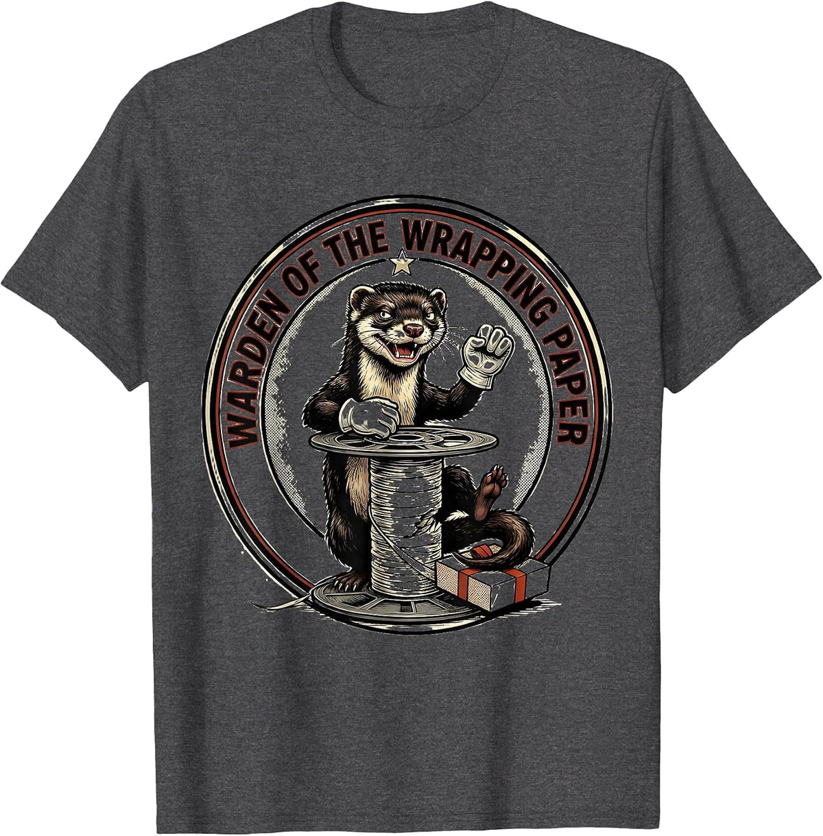 Warden Of The Wrapping Paper Retro Cartoon Ferret Owner Gift T-Shirt - Dark Heather Grey