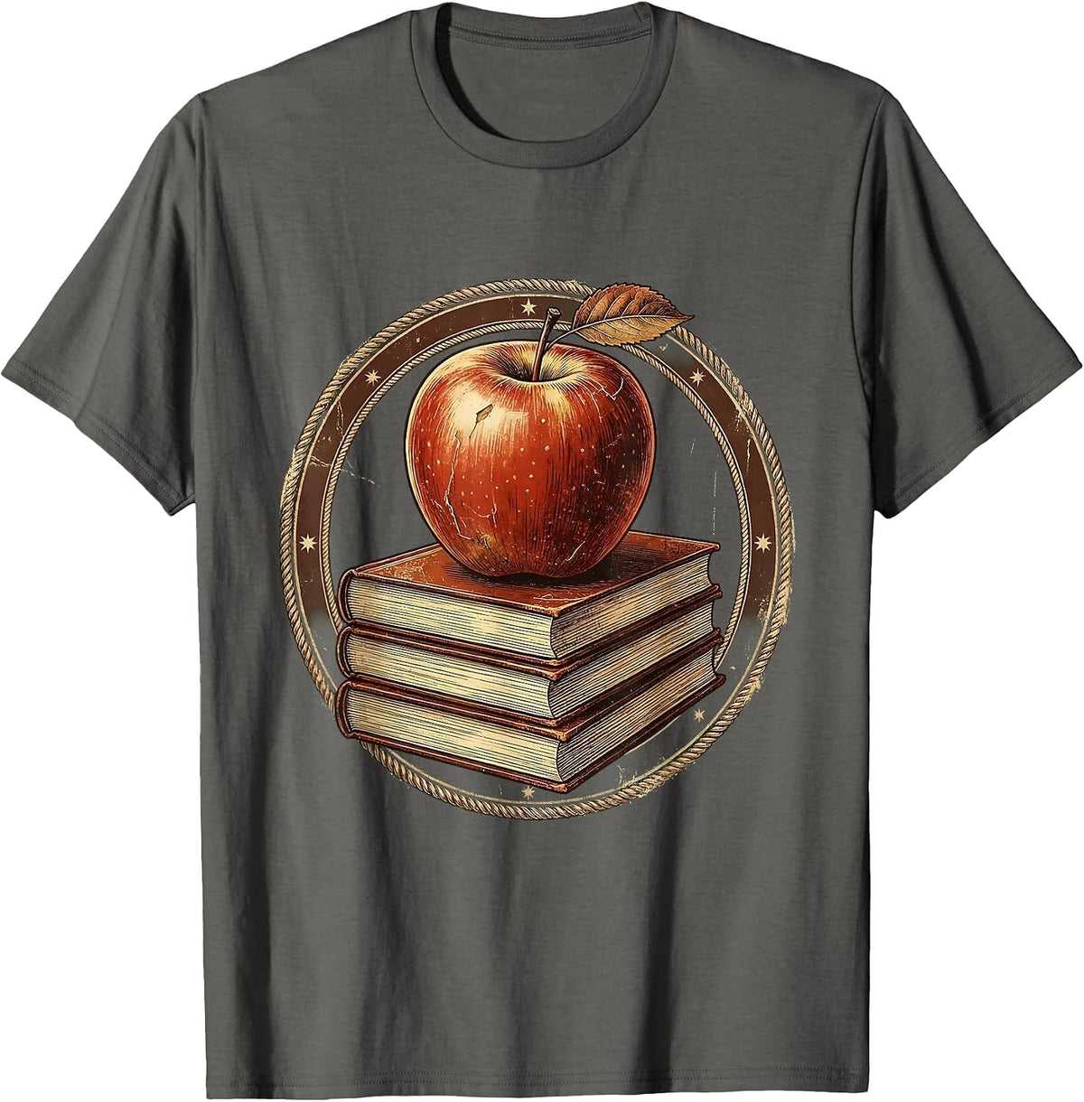 Middle School Teacher Apple and Books Illustration T-Shirt - Asphalt Grey