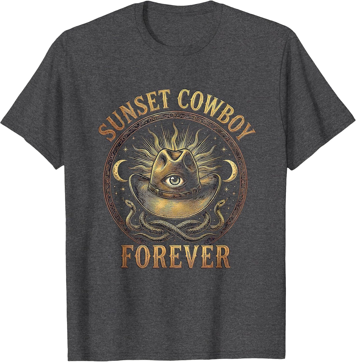 Sunset Cowboy Forever Western Graphic Design T-Shirt - Dark Heather Grey