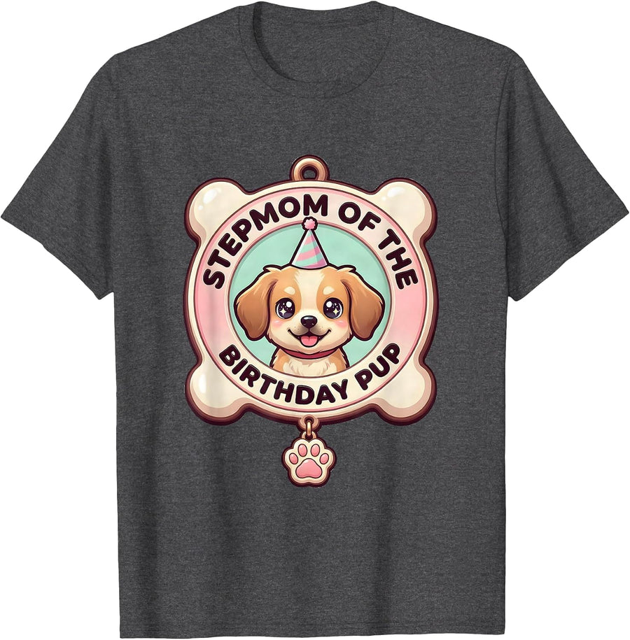 Men's Stepmom Of The Birthday Pup Cute Kawaii Dog Party Family T-Shirt - Dark Heather Grey