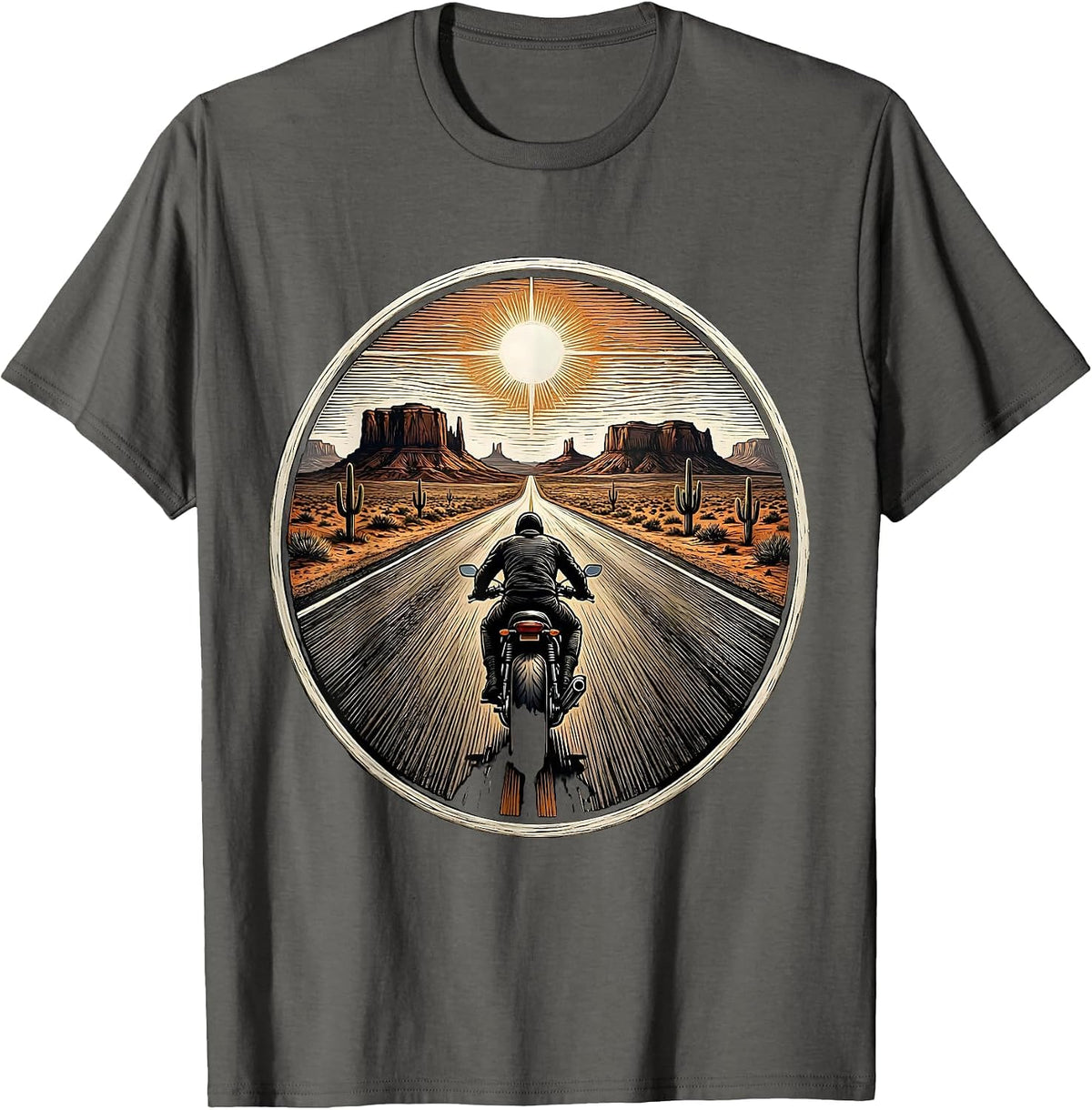 Men's Lone Biker Desert Highway Motorcycle Graphic T-Shirt - Asphalt Grey