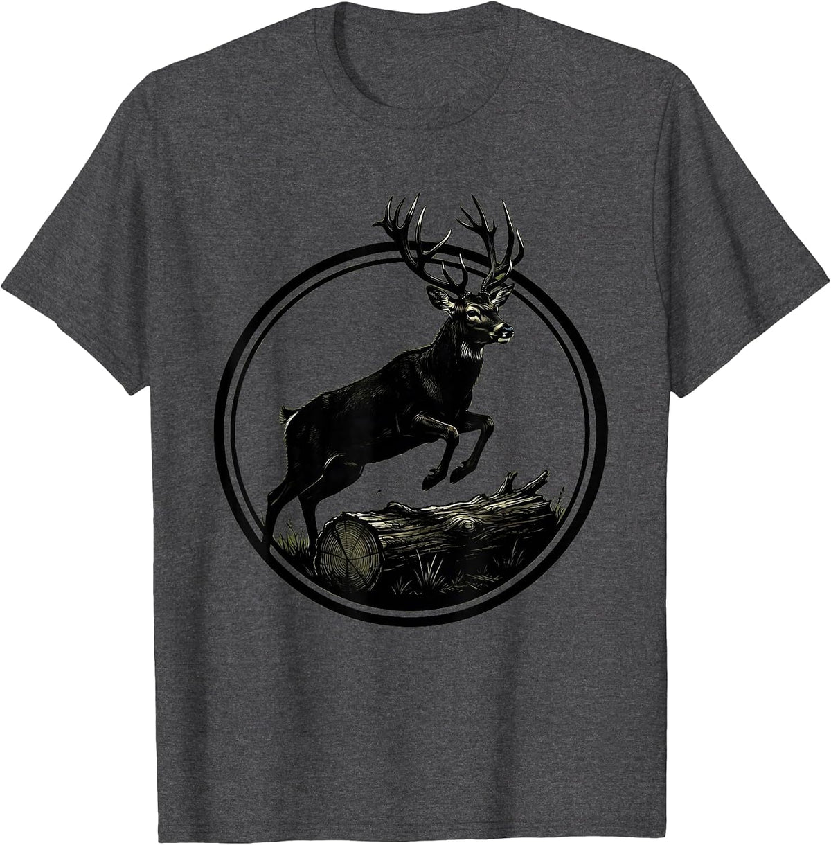 Men's Camo Buck Deer Leaping Over Fallen Log T-Shirt - Dark Heather Grey