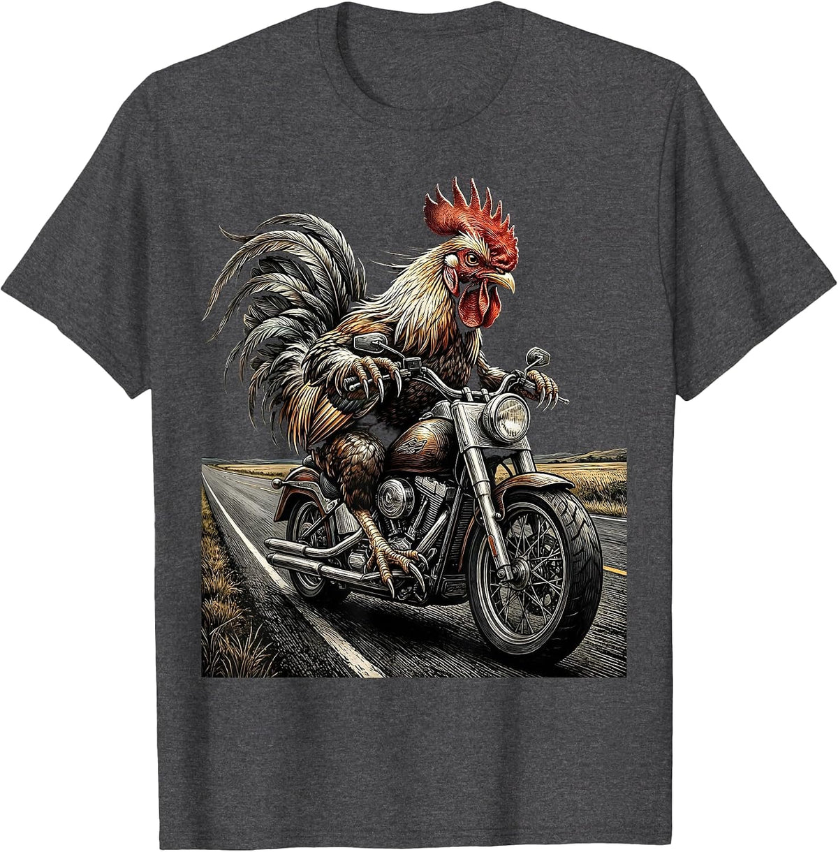 Rooster Motorcycle Rider Open Road Graphic T-Shirt - Dark Heather Grey
