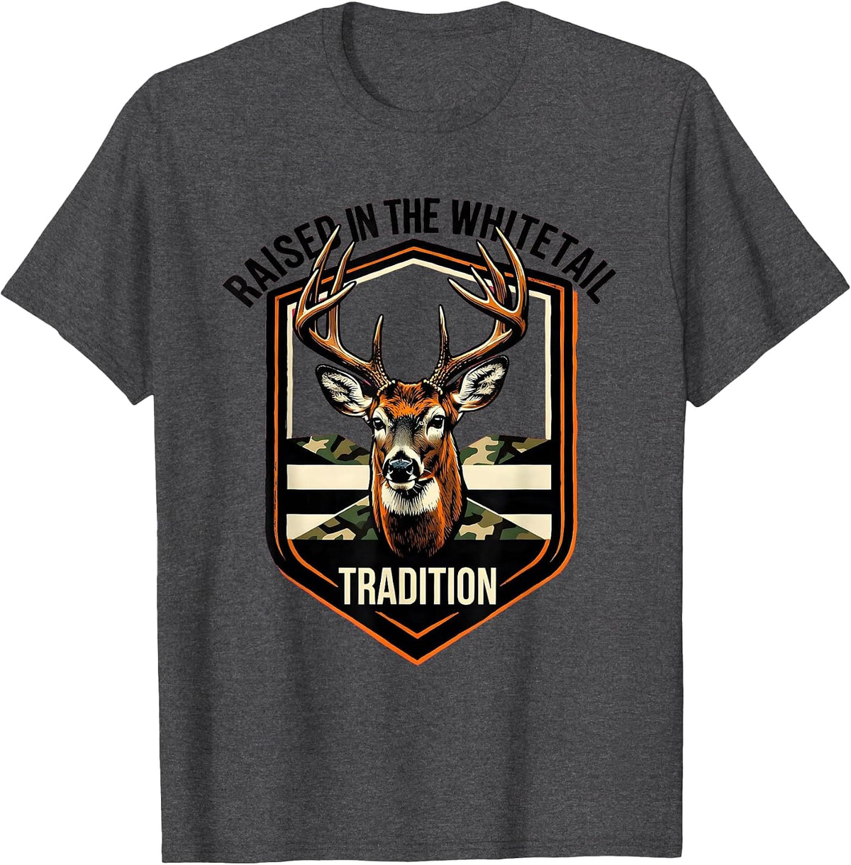 Raised In The Whitetail Tradition Stencil Camo Deer Hunter T-Shirt - Dark Heather Grey