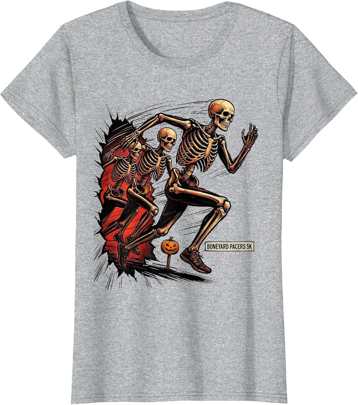 Women's Boneyard Pacers 5K Comic Book Skeleton Runner Halloween Fun T-Shirt - Heather Grey
