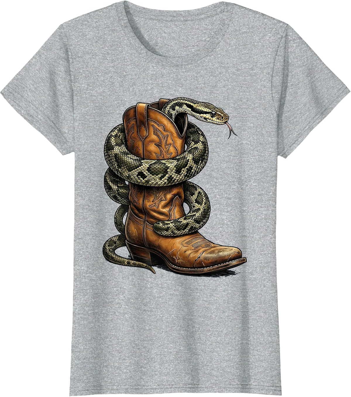 Snake Coiled Cowboy Boot Cowgirl Western Graphic T-Shirt - Heather Grey