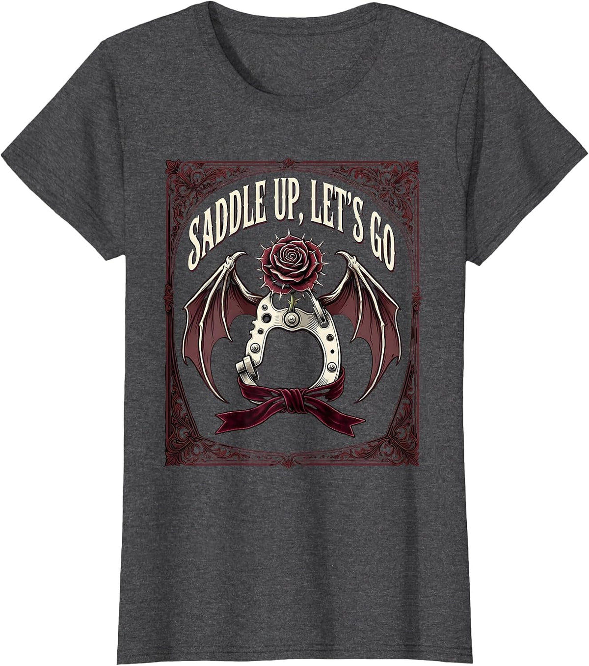 Women's Saddle Up Lets Go Western Cowboy Design T-Shirt - Dark Heather Grey