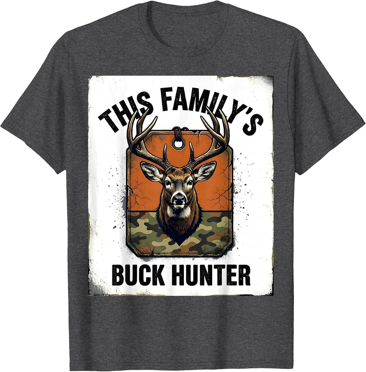 Men's This Family's Buck Hunter Distressed Hunting Dad Gift T-Shirt - Dark Heather Grey