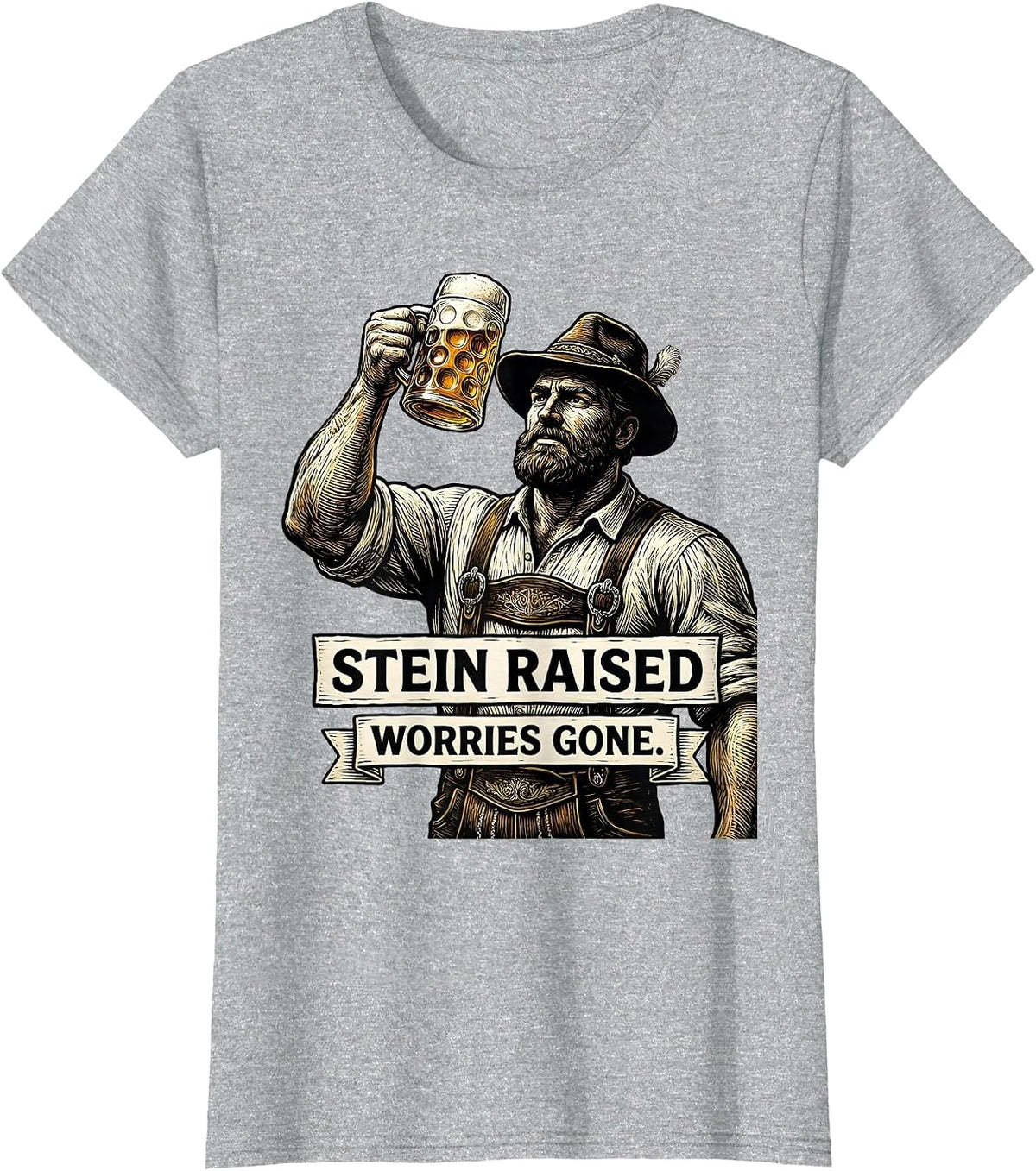 Stein Raised Worries Gone Oktoberfest Design T-Shirt - Heather Grey