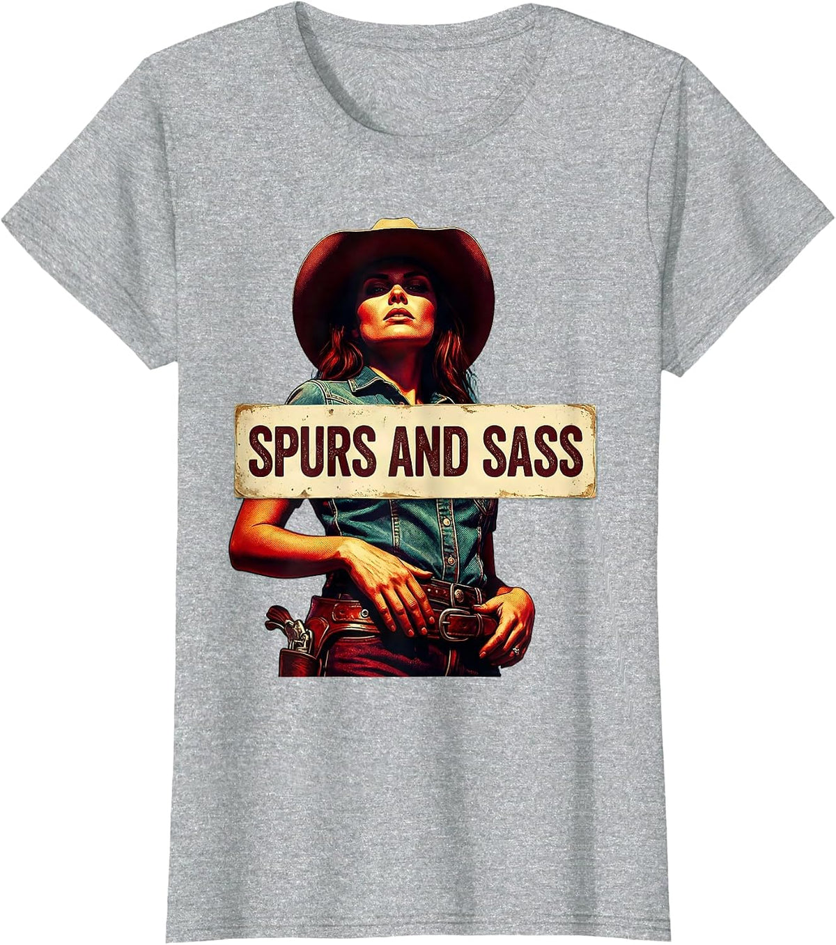Spurs and Sass Cowgirl Graphic Design T-Shirt - Heather Grey