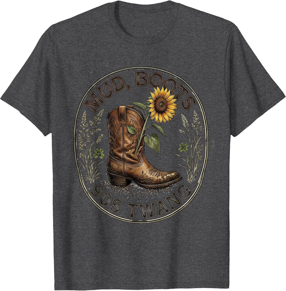 Mud Boots 90s Twang Country Music Design T-Shirt - Dark Heather Grey