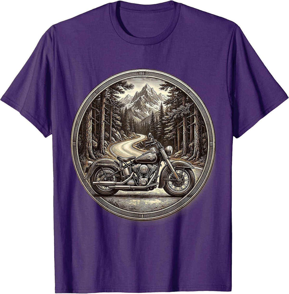 Men's Mountain Road Pine Forest Motorcycle Graphic T-Shirt - Purple