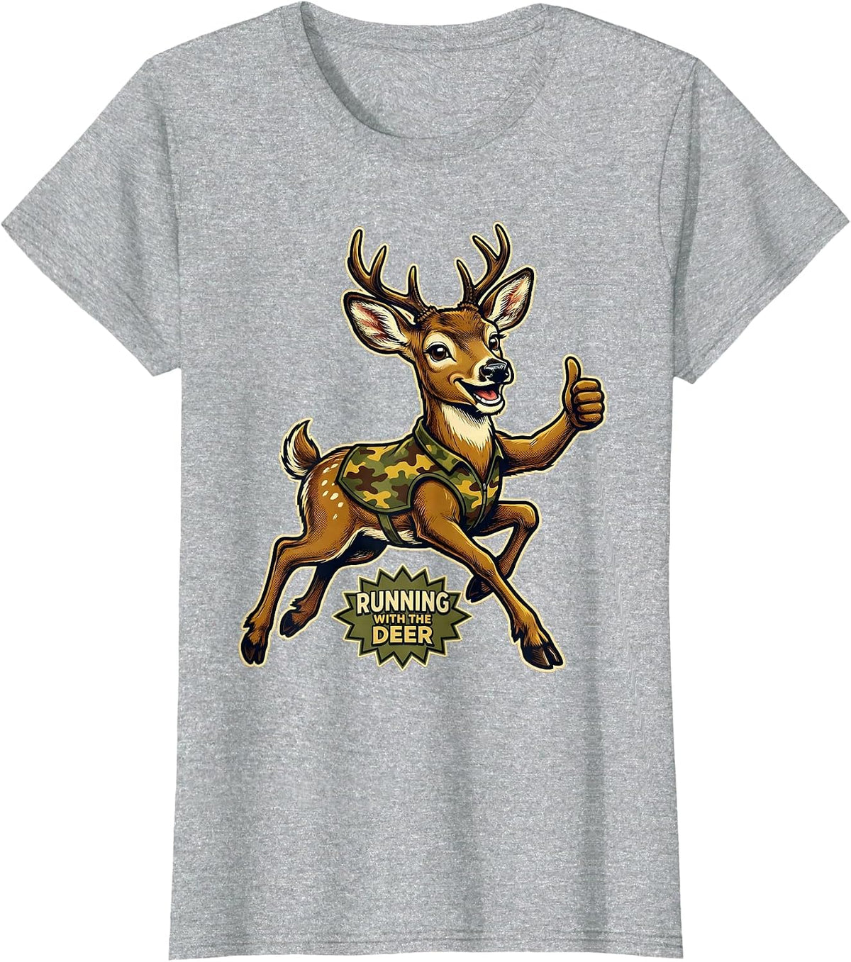 Running with the Deer Camo Hunting Design T-Shirt - Heather Grey
