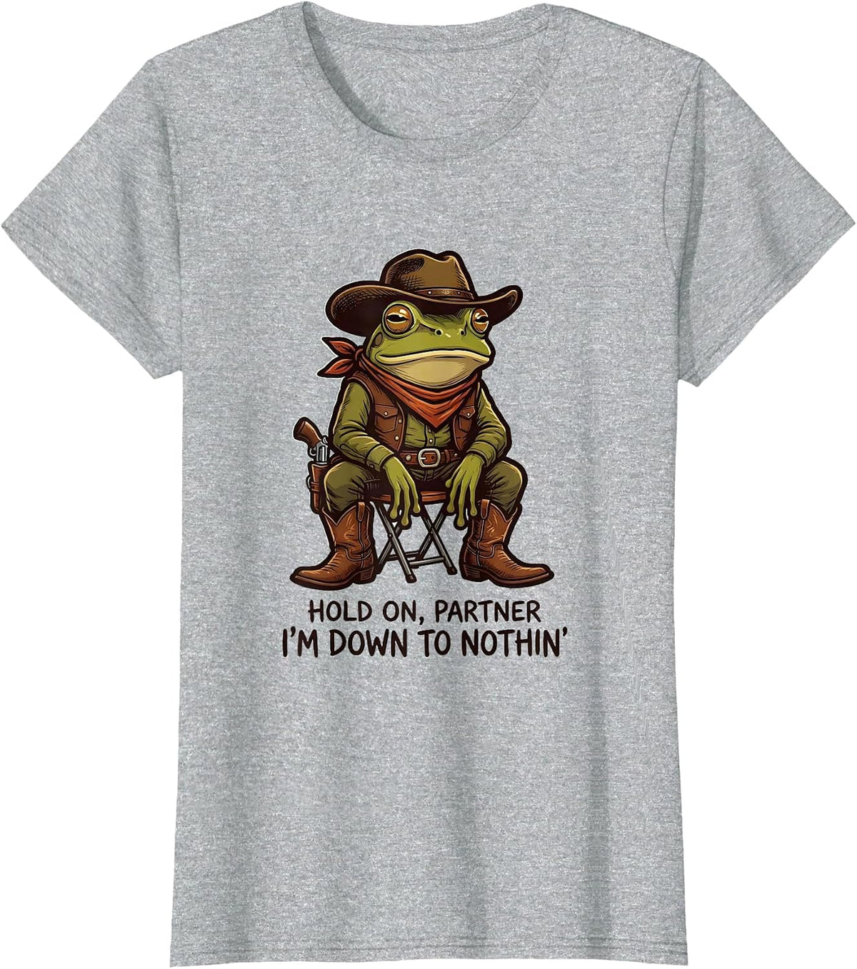 Hold On Partner I'm Down To Nothin' Funny Cowboy Frog Meme T-Shirt - Heather Grey