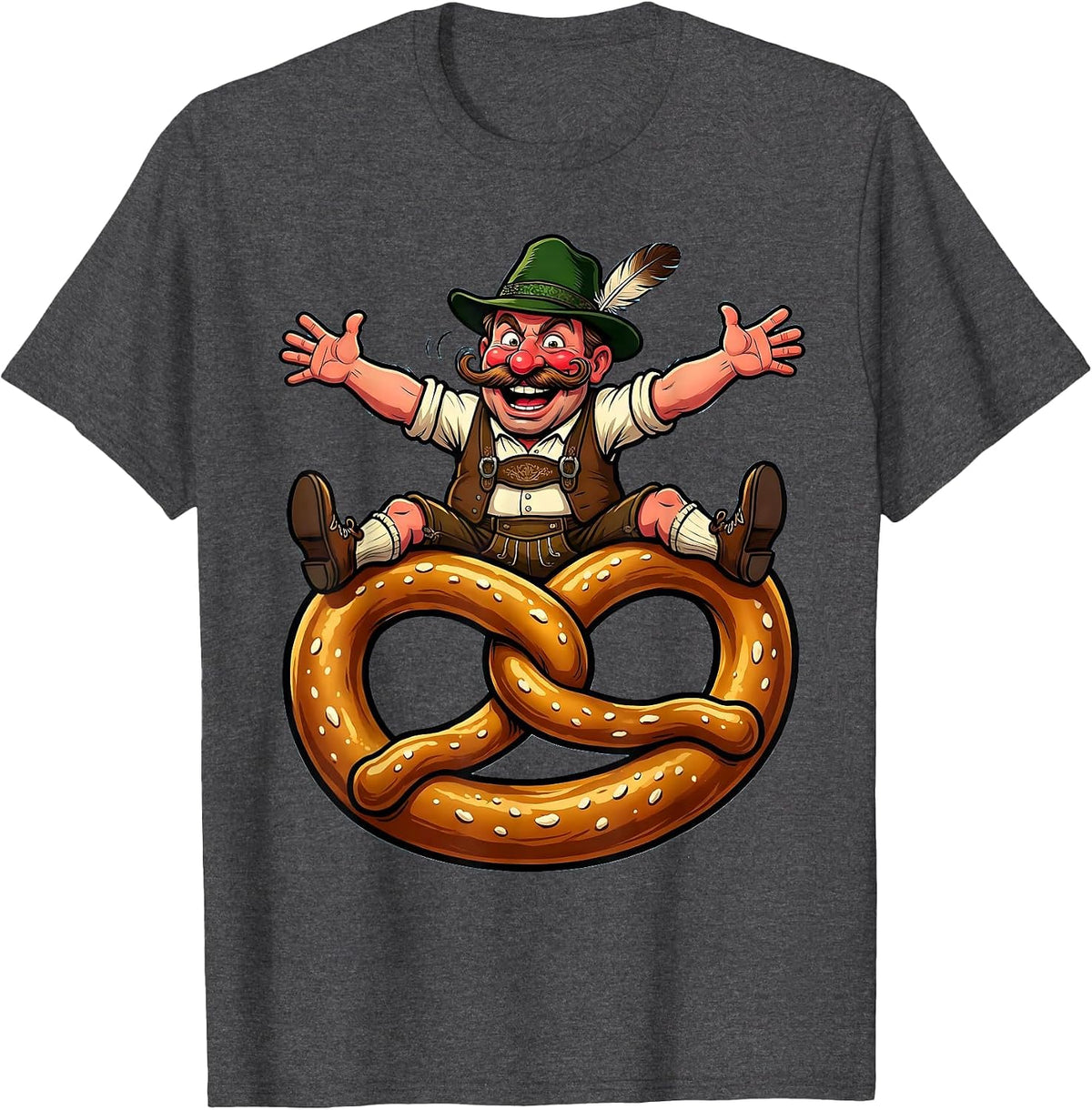 Oktoberfest Pretzel Rider Lederhosen Illustration T-Shirt - Dark Heather Grey