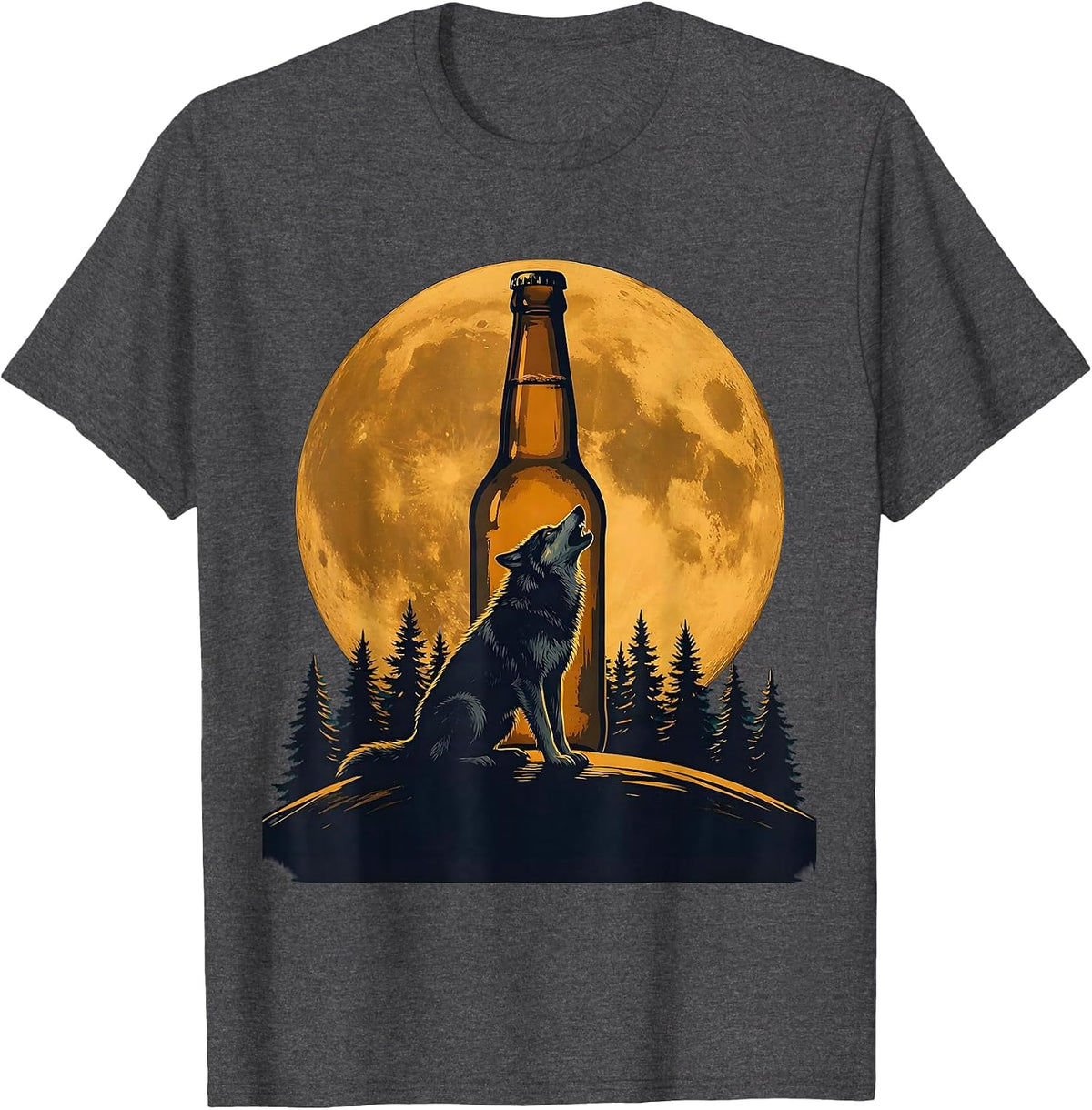 Men's Wolf Howling at Beer Bottle Moon Graphic T-Shirt - Dark Heather Grey