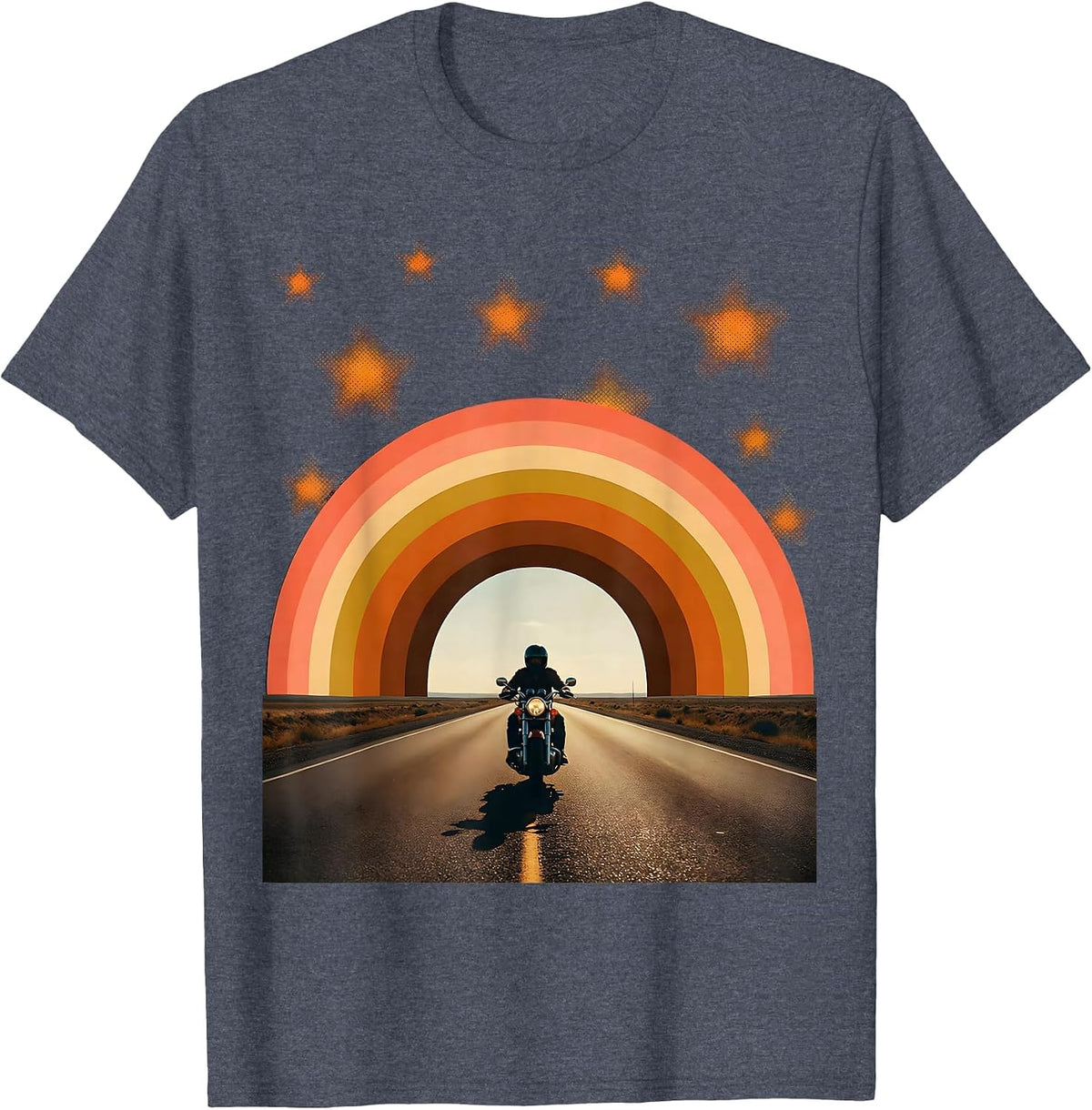 Lone Rider Starry Night Motorcycle Graphic T-Shirt - Heather Blue