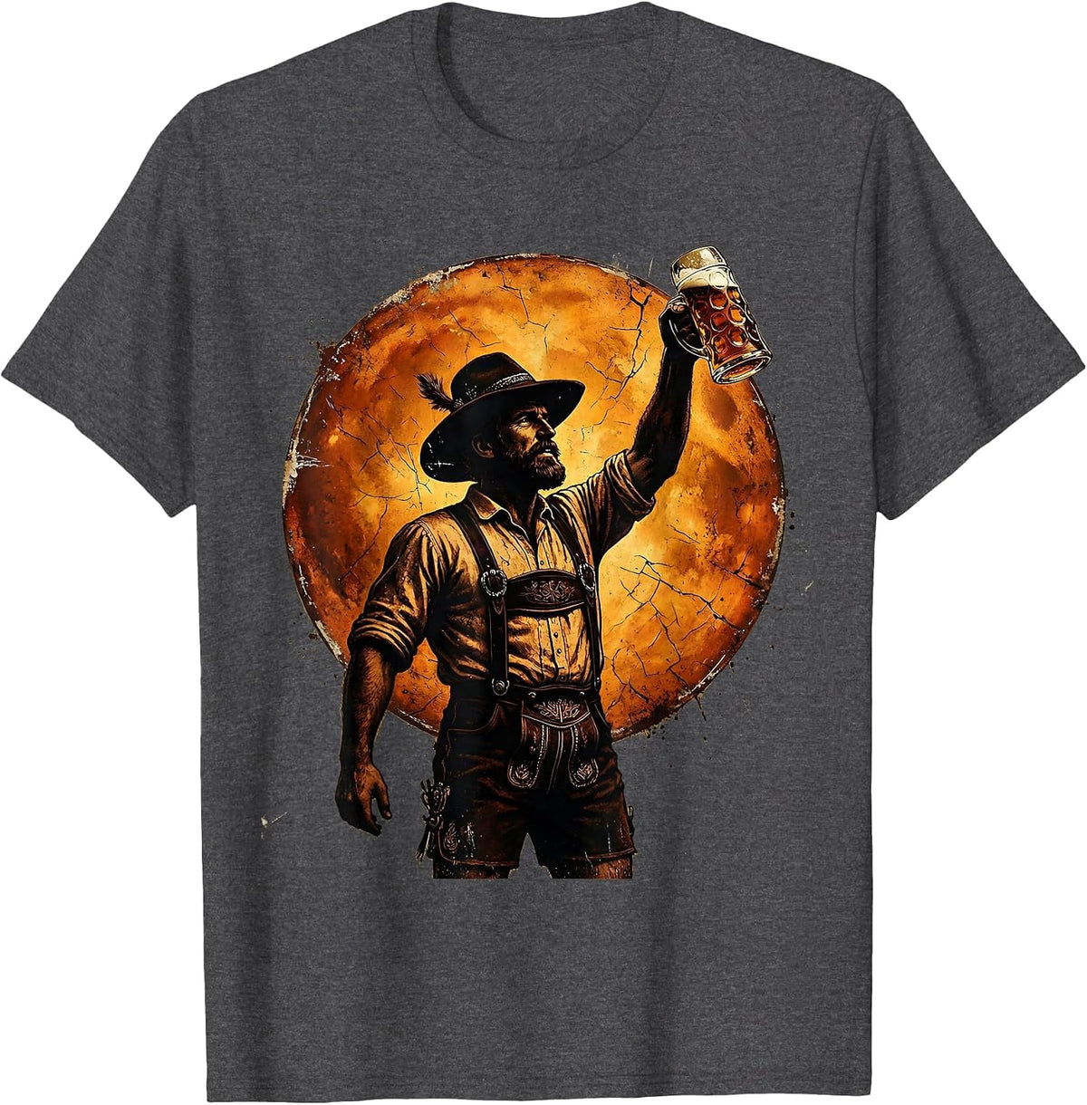 Oktoberfest Beer Silhouette Sunset Graphic T-Shirt - Dark Heather Grey