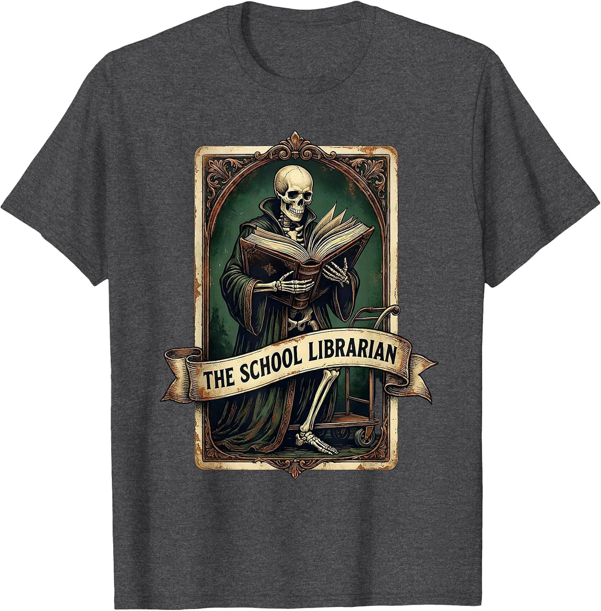 Men's The School Librarian Vintage Tarot Card Skeleton Halloween T-Shirt - Dark Heather Grey