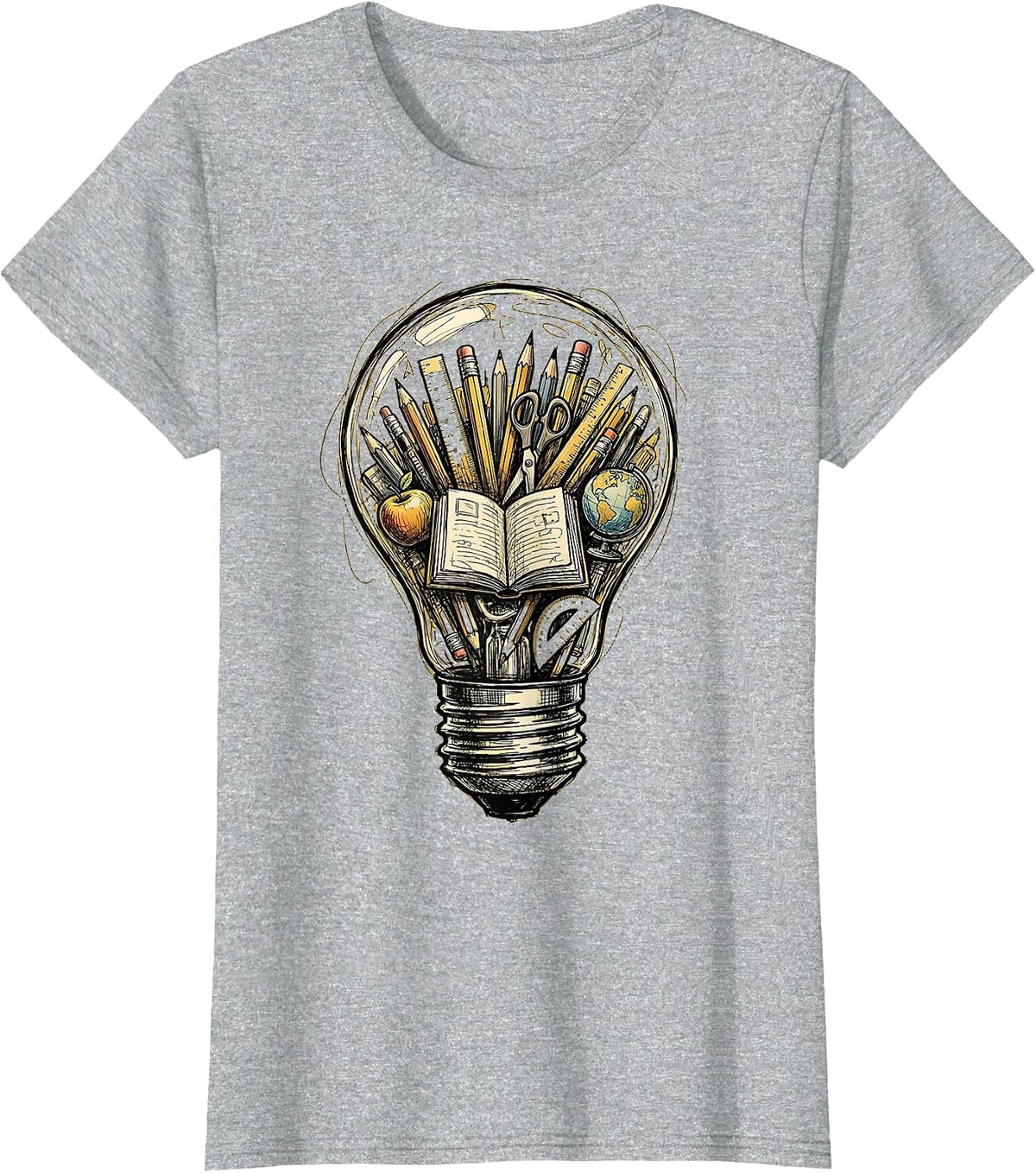 Teacher Lightbulb School Supplies Illustration T-Shirt - Heather Grey