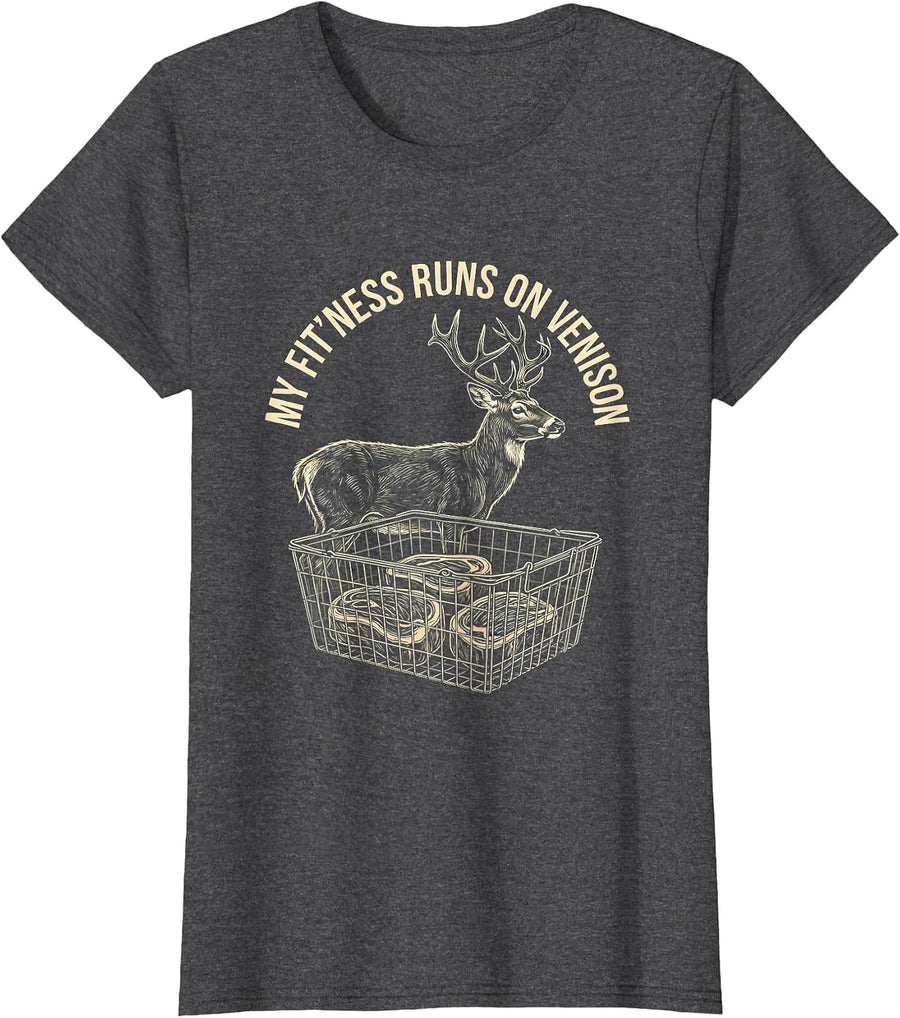 Women's My Fit'ness Runs On Venison Funny Deer Hunting Dad Joke T-Shirt - Dark Heather Grey