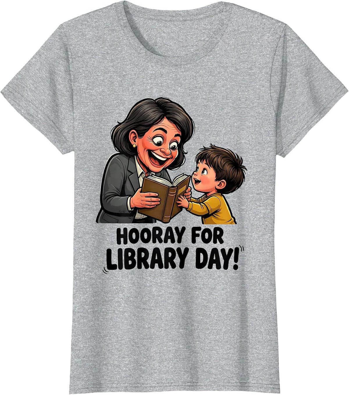 Women's Hooray For Library Day Cartoon Librarian Book Lover School T-Shirt - Heather Grey