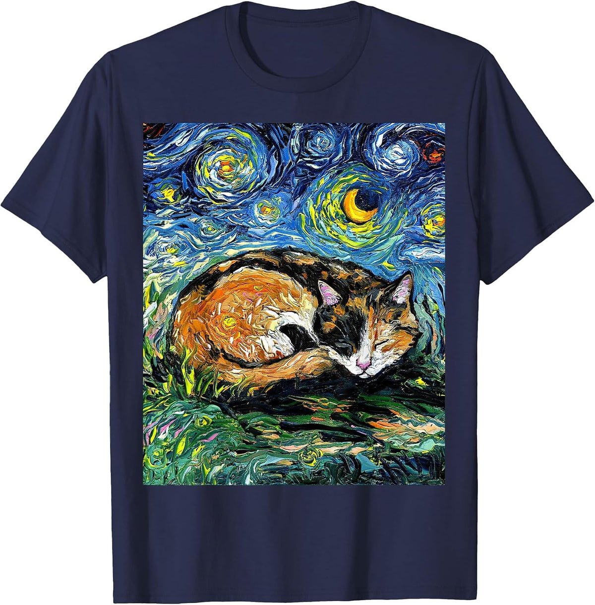 Sleeping Calico Cat Starry Night Animal Lover Pet Artwork T-Shirt - Navy Blue