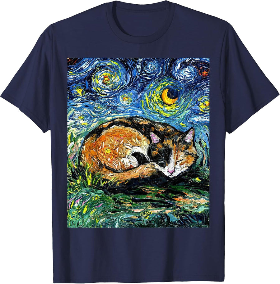 Sleeping Calico Cat Starry Night Animal Lover Pet Artwork T-Shirt - Navy Blue