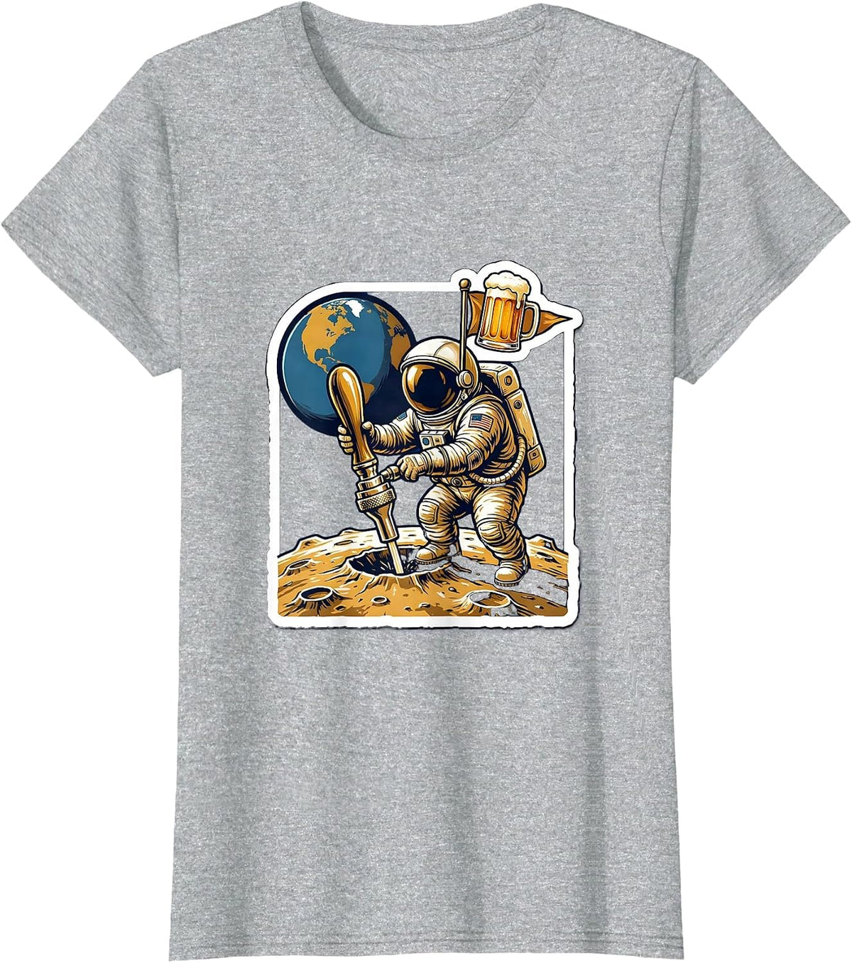 Astronaut Beer Tap Flag Moon Landing Design T-Shirt - Heather Grey