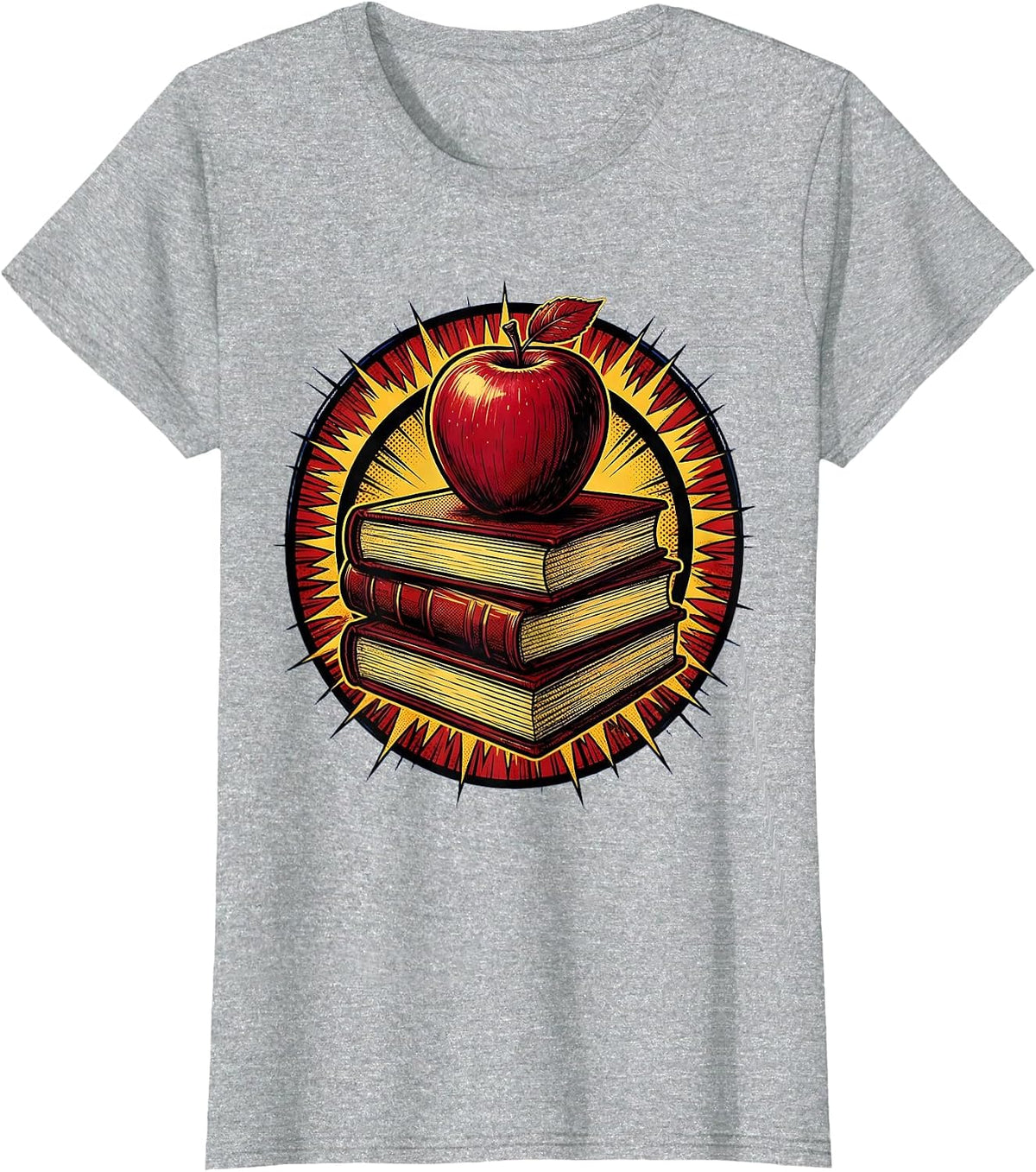 Middle School Teacher Stacked Books Apple Illustration T-Shirt - Heather Grey
