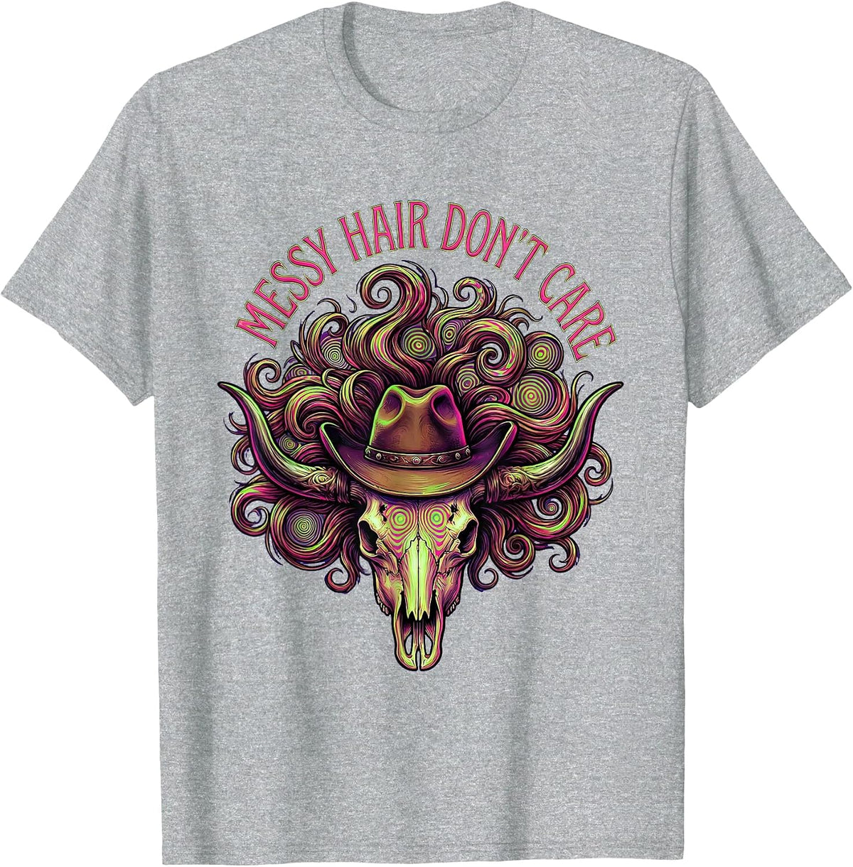 Men's Messy Hair Don't Care Cowgirl Design T-Shirt - Heather Grey