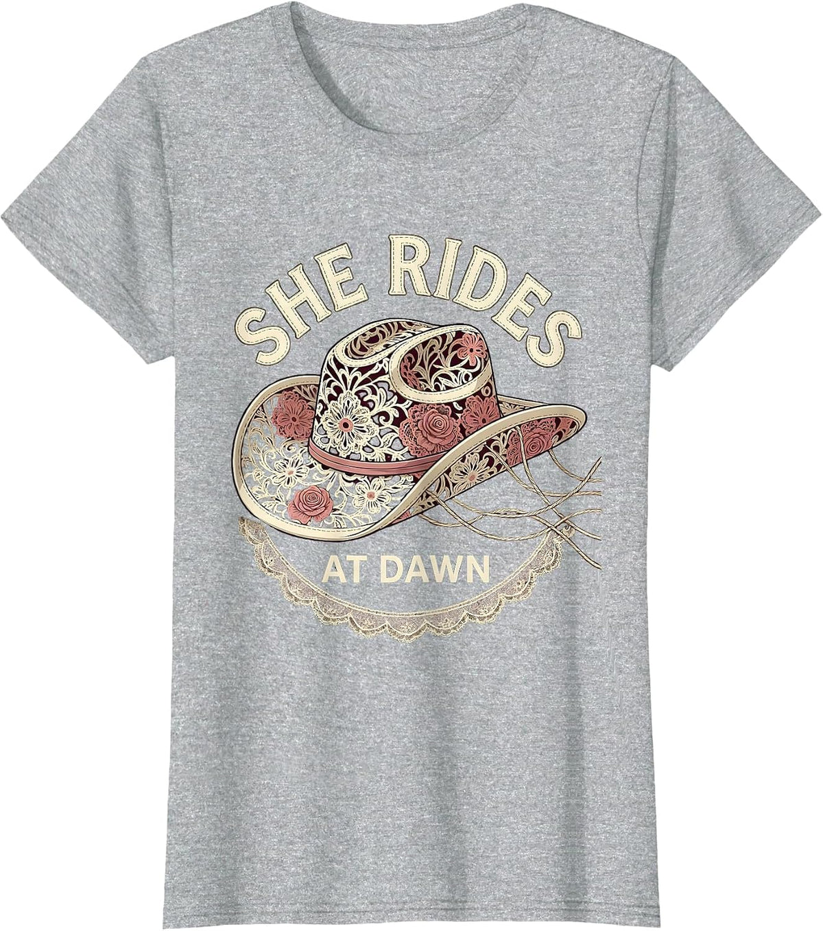 She Rides At Dawn Cowboy Western Design T-Shirt - Heather Grey