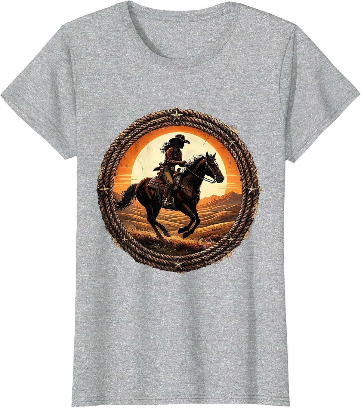 Women's Cowgirl Silhouette Riding Horse at Dusk T-Shirt - Heather Grey