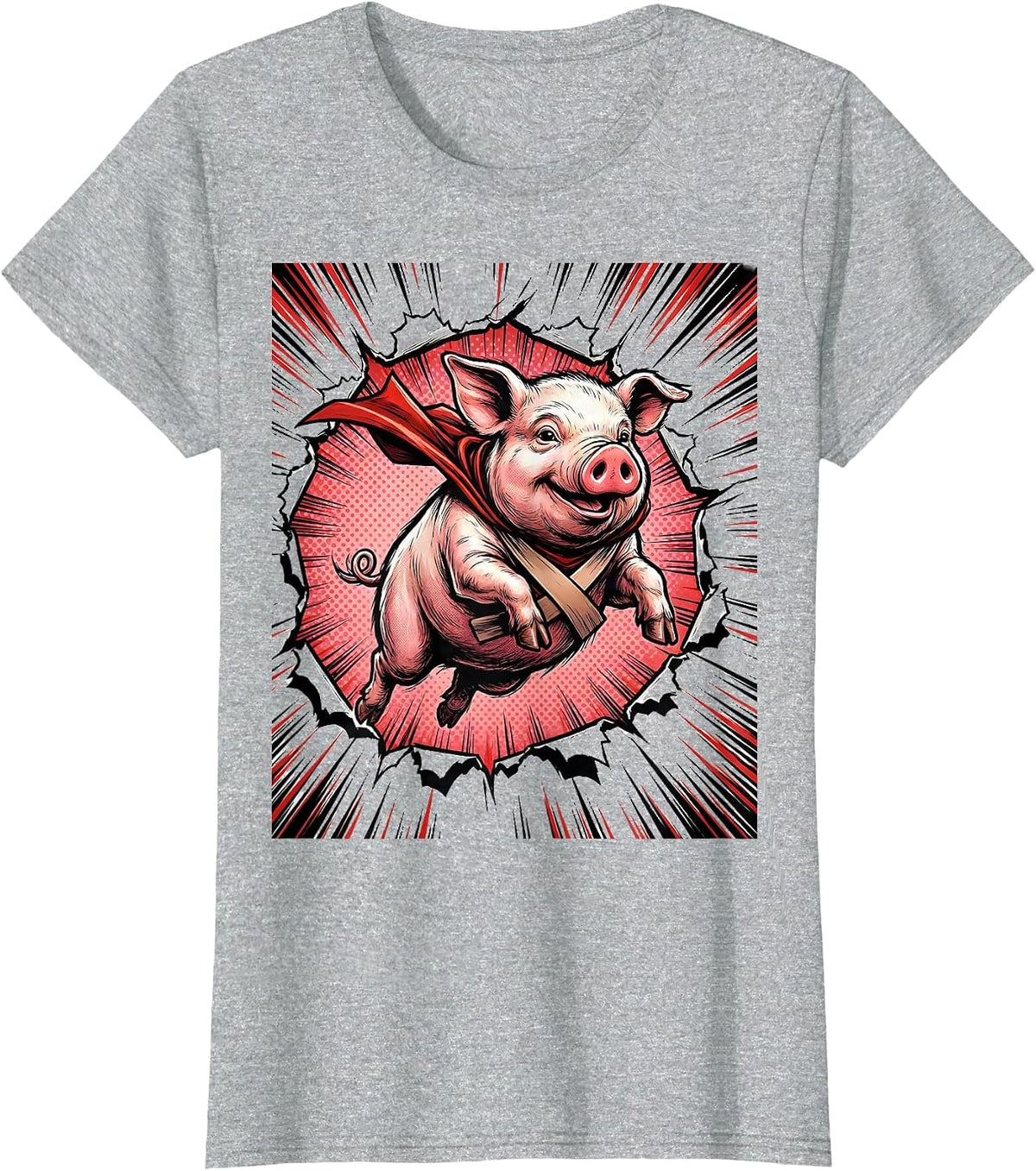 Women's Cheerful Pig Comic Book Animal Lover Novelty Humor T-Shirt - Heather Grey