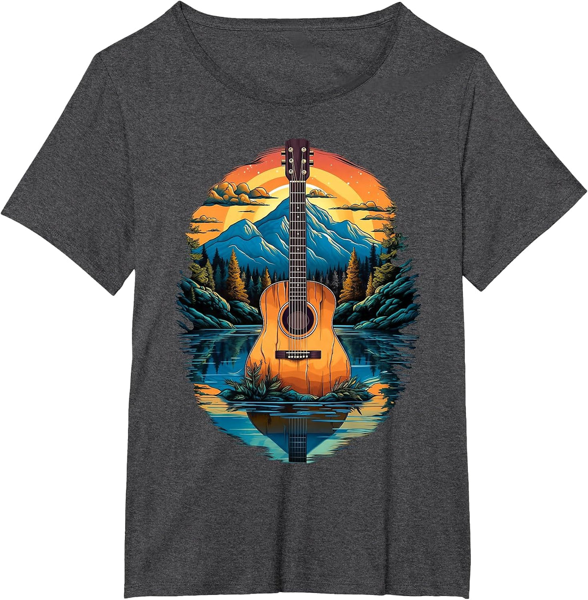 Acoustic Guitar Sunset By The Lake T-Shirt - Dark Heather Grey