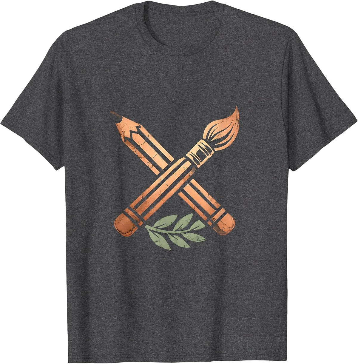 Crossed Pencil and Paintbrush Emblem Graphic T-Shirt - Dark Heather Grey
