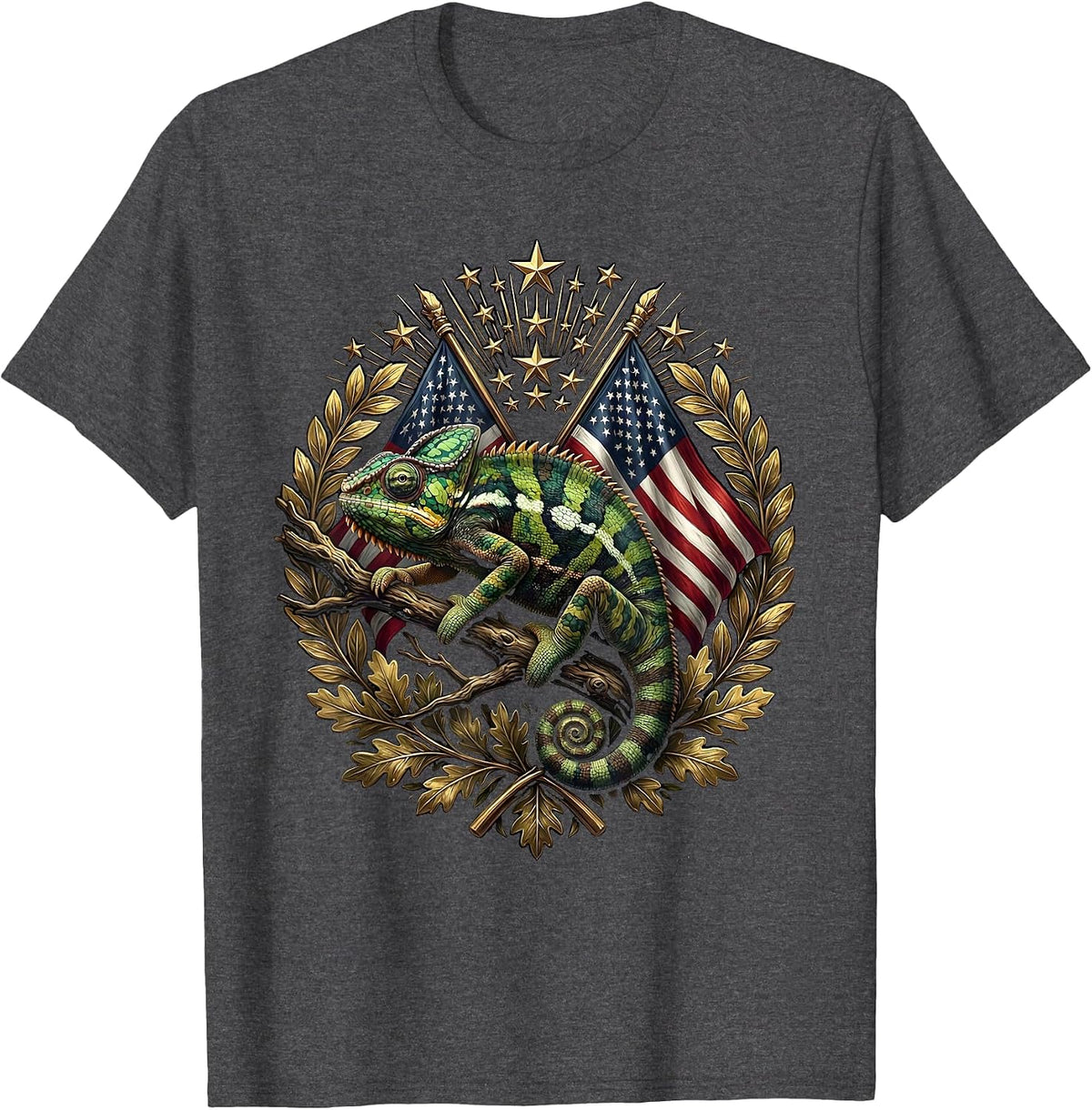 Men's Chameleon Camouflage Leafy Branch Illustration T-Shirt - Dark Heather Grey